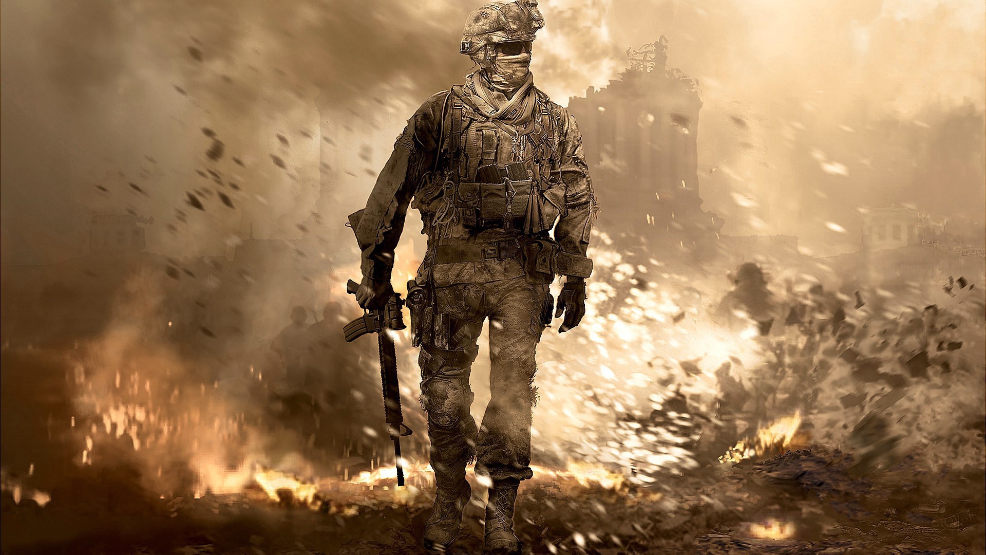 Солдат на фоне руин, игра Call of Duty Modern Warfare 2
