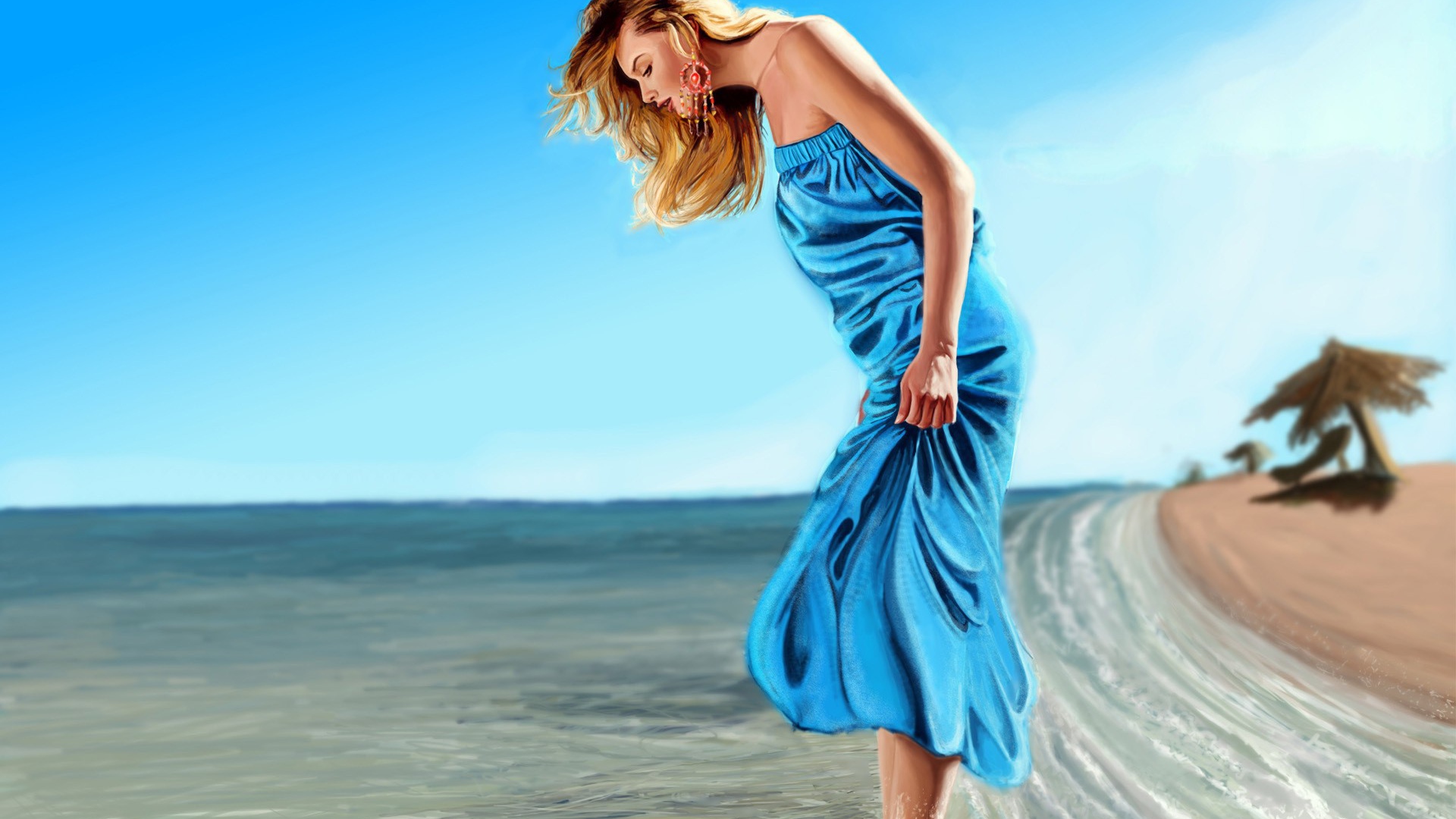 Девушка в голубом платье зашла в воду по щиколотки