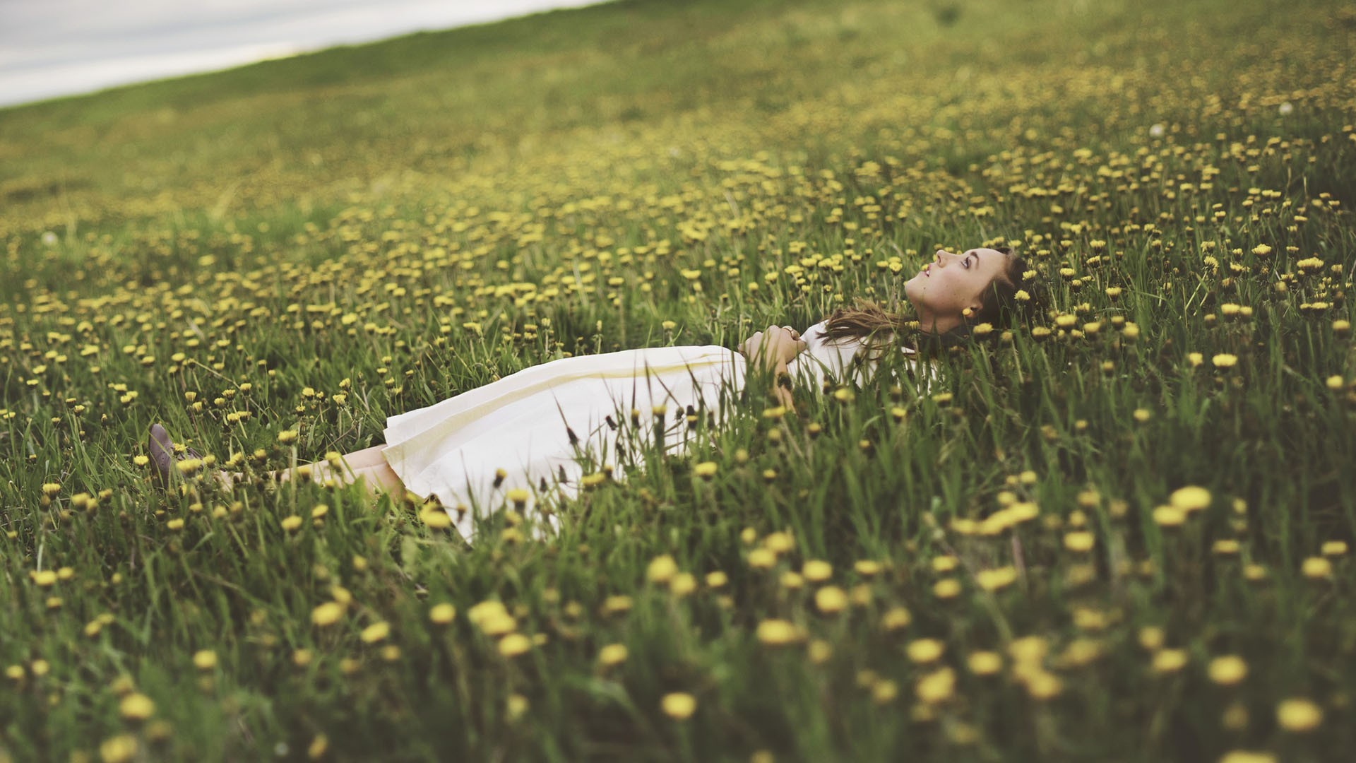 Девушка лежит в поле среди одуванчиков