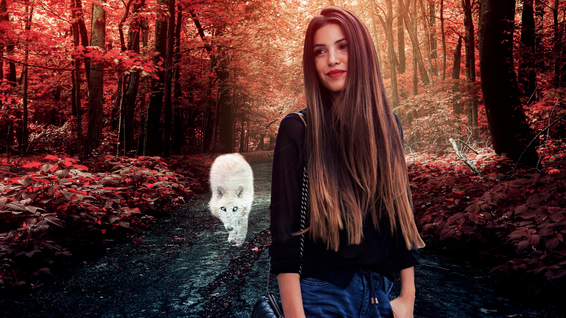 Белый волк позади девушки