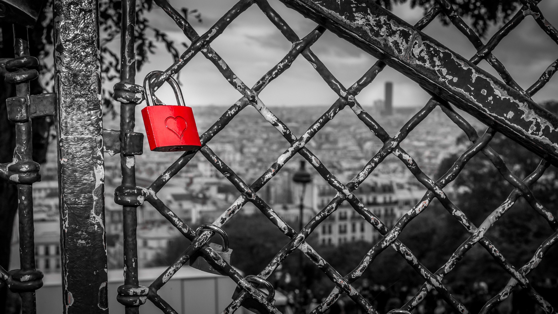 Красный замок на серой решетке, любовь