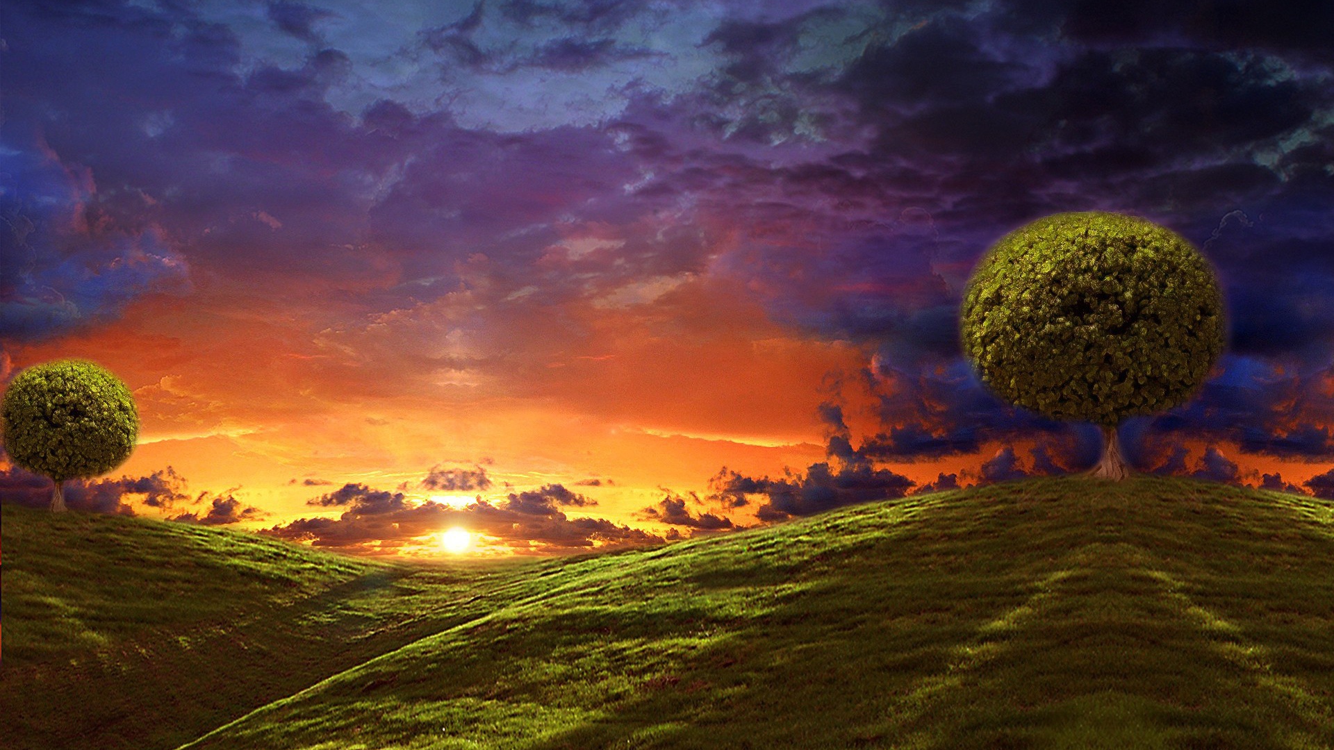 Круглые кроны деревьев на вершинах холмов