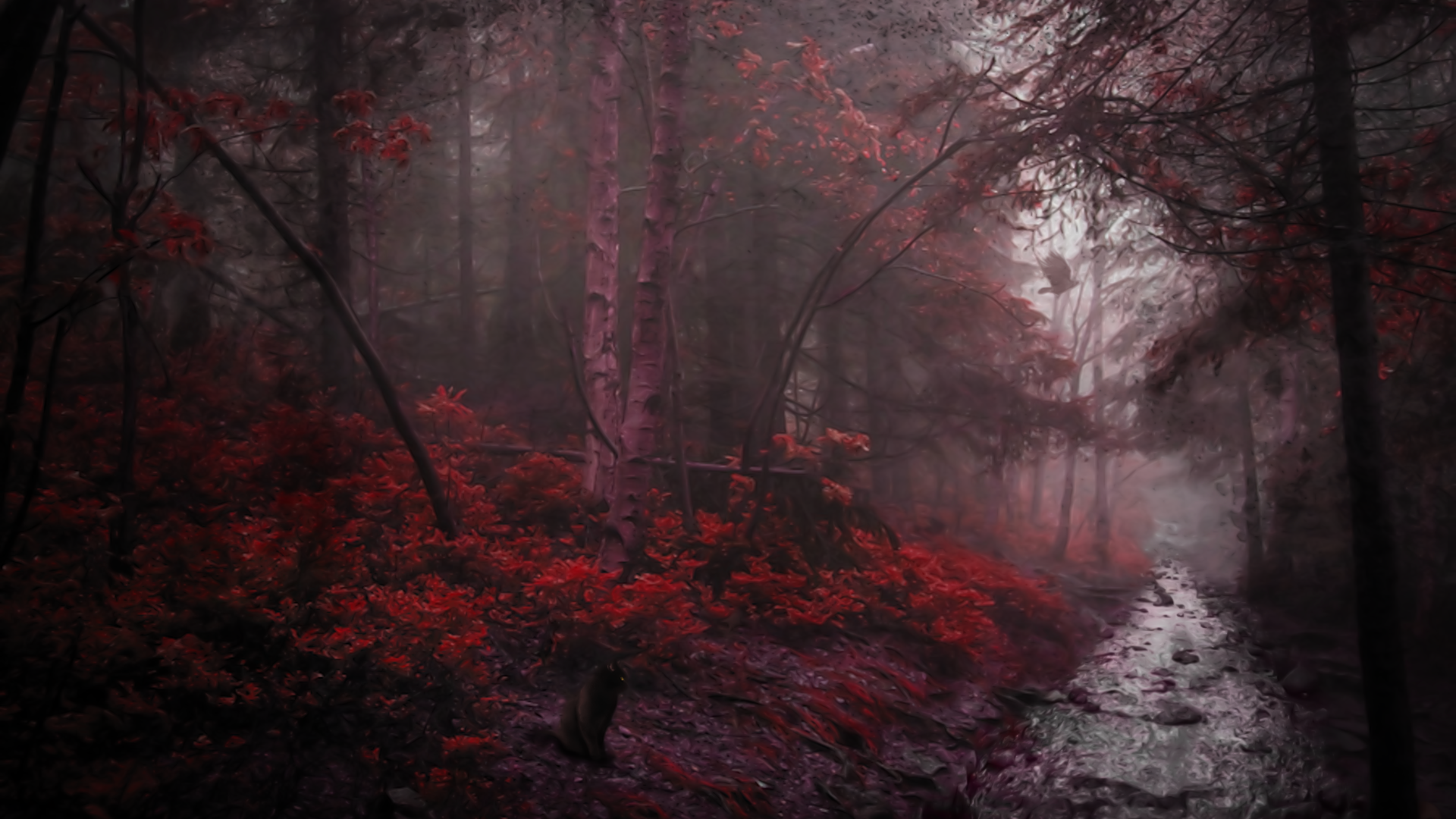 Река в чаще мрачного красного леса