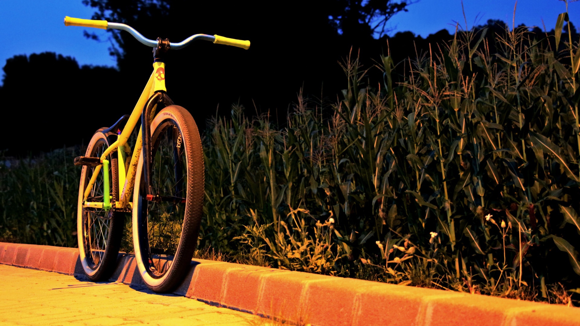 Желтый велосипед у обочины