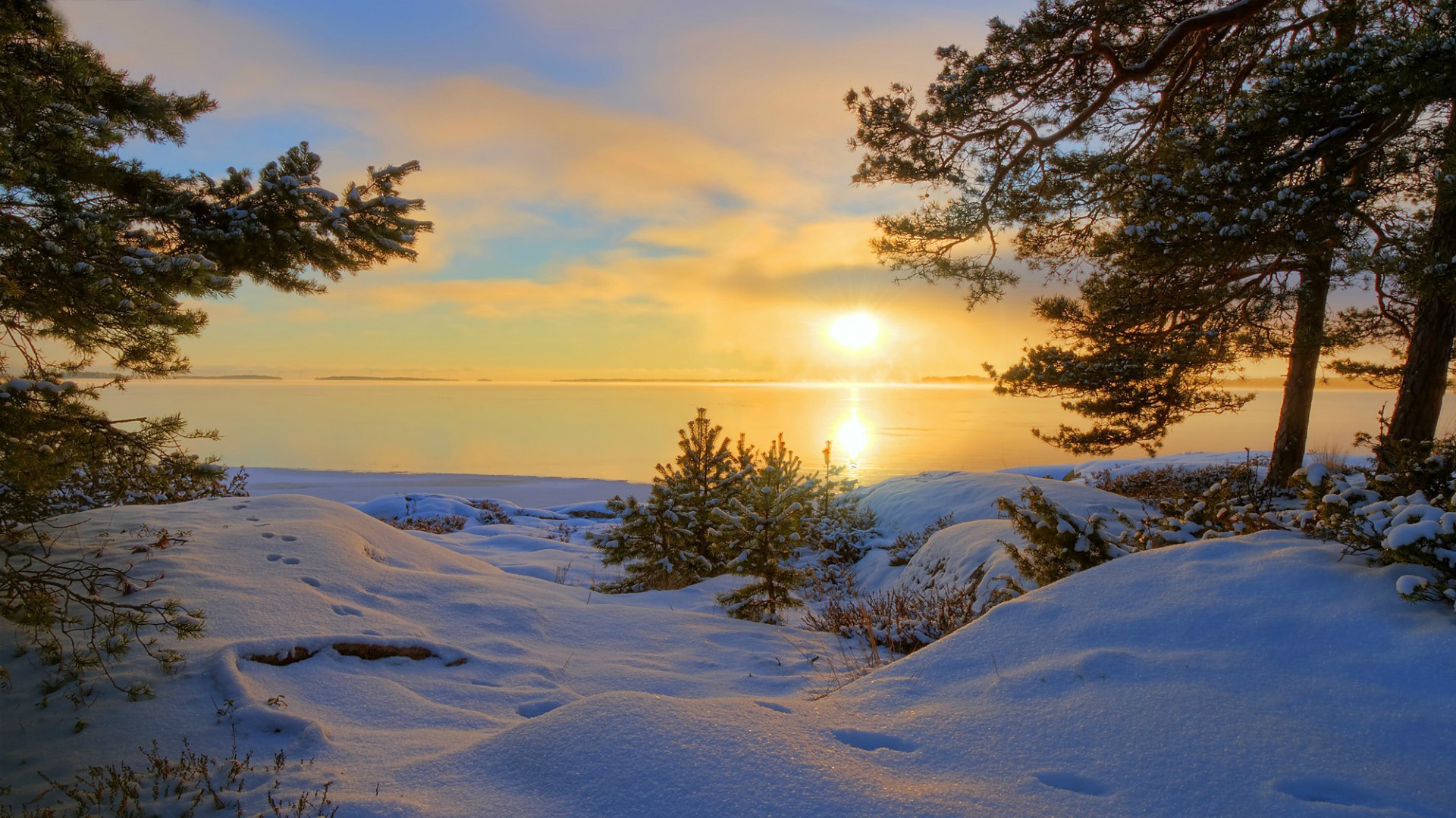 Заснеженные берега у озера