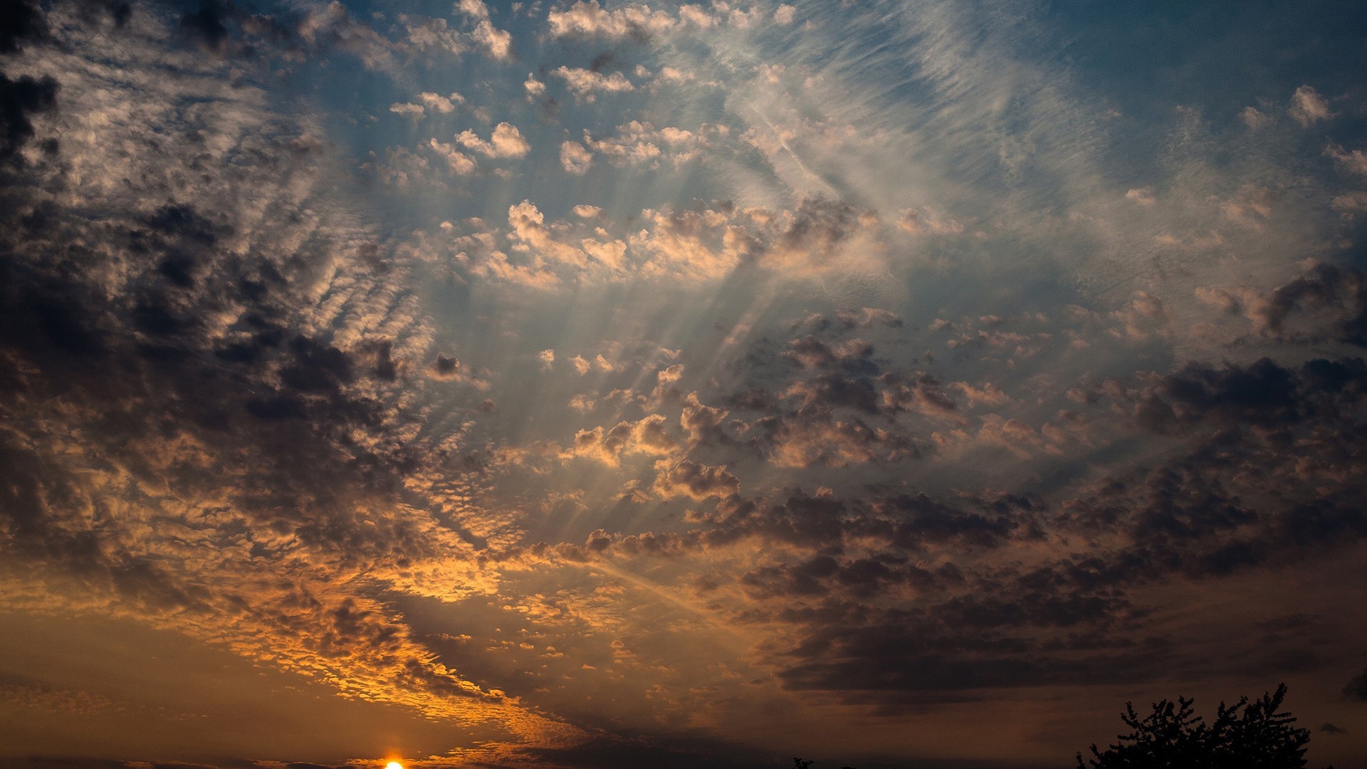 Солнце на закате освещает перистые облака