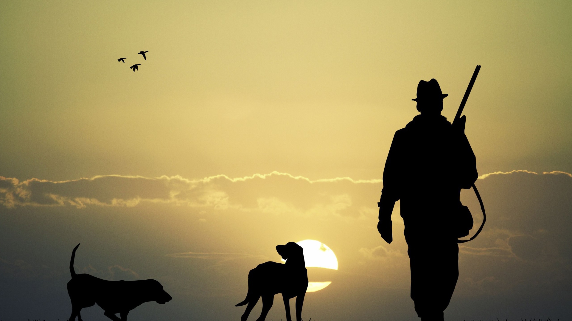 Охотник с собаками на фоне солнца