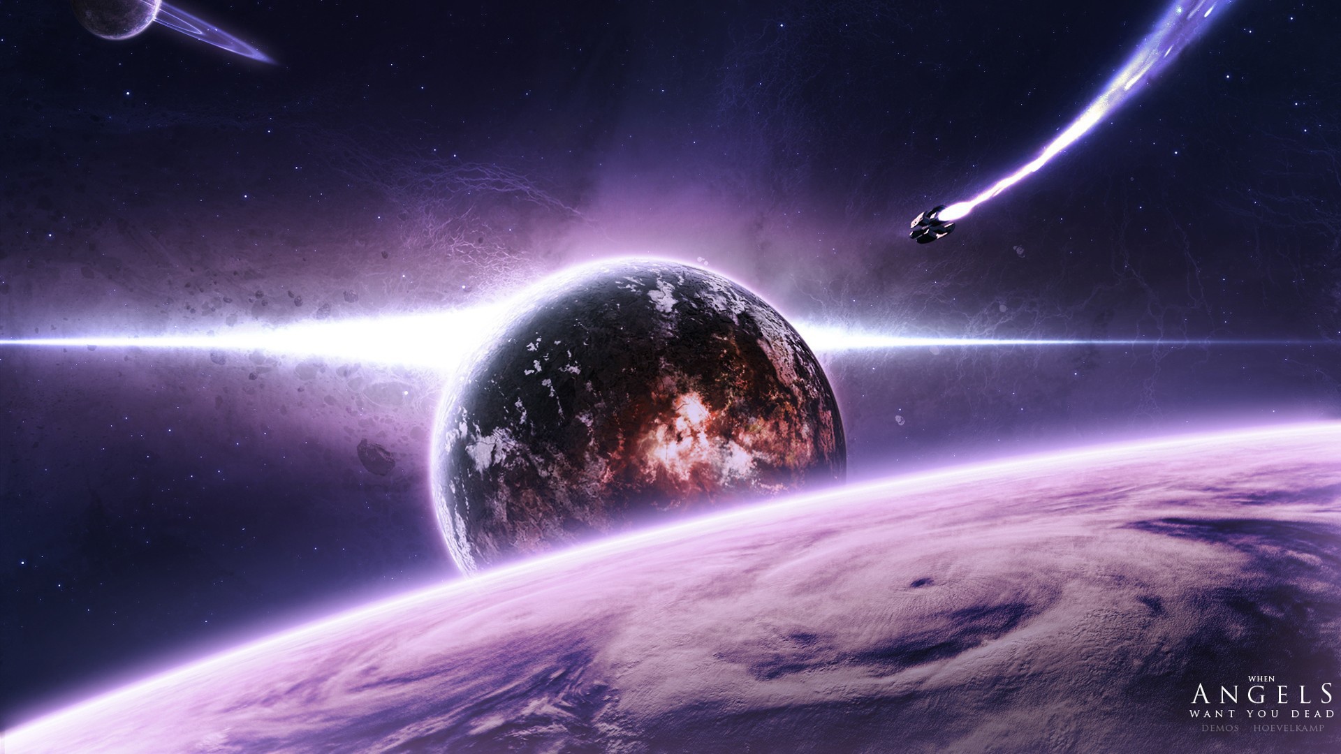 Корабль летит к планете в фиолетовом космосе