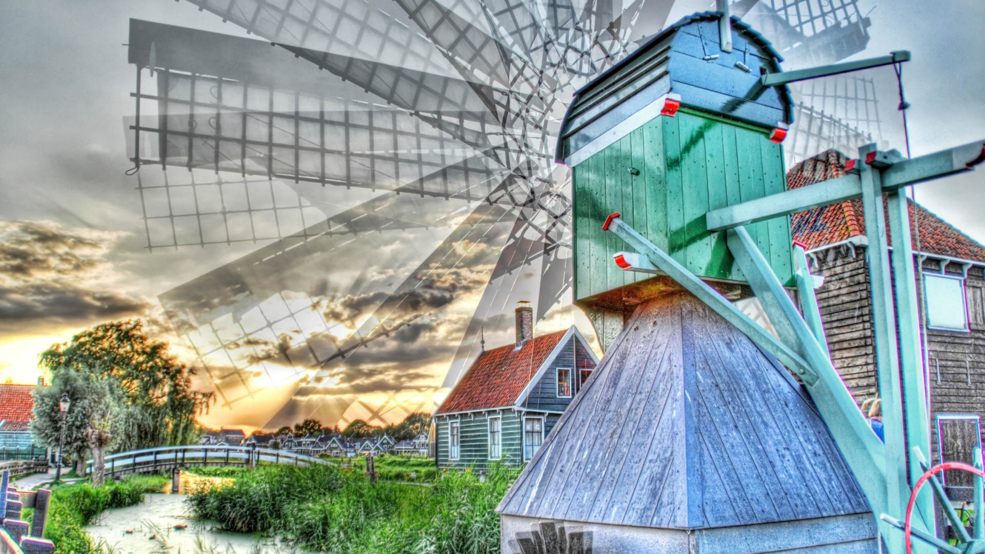 Вращение лопастей деревянной мельницы