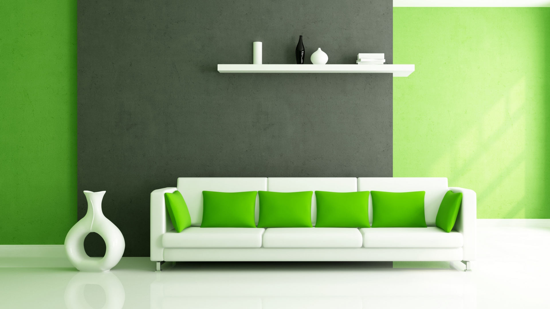 Белый диван с зелеными подушками