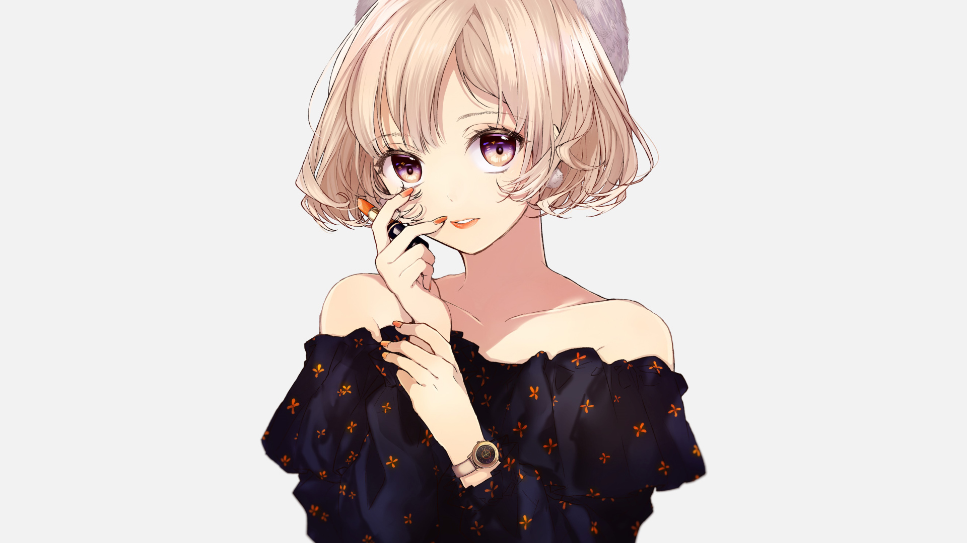 Девушка аниме блондинка с помадой в руках на белом фоне