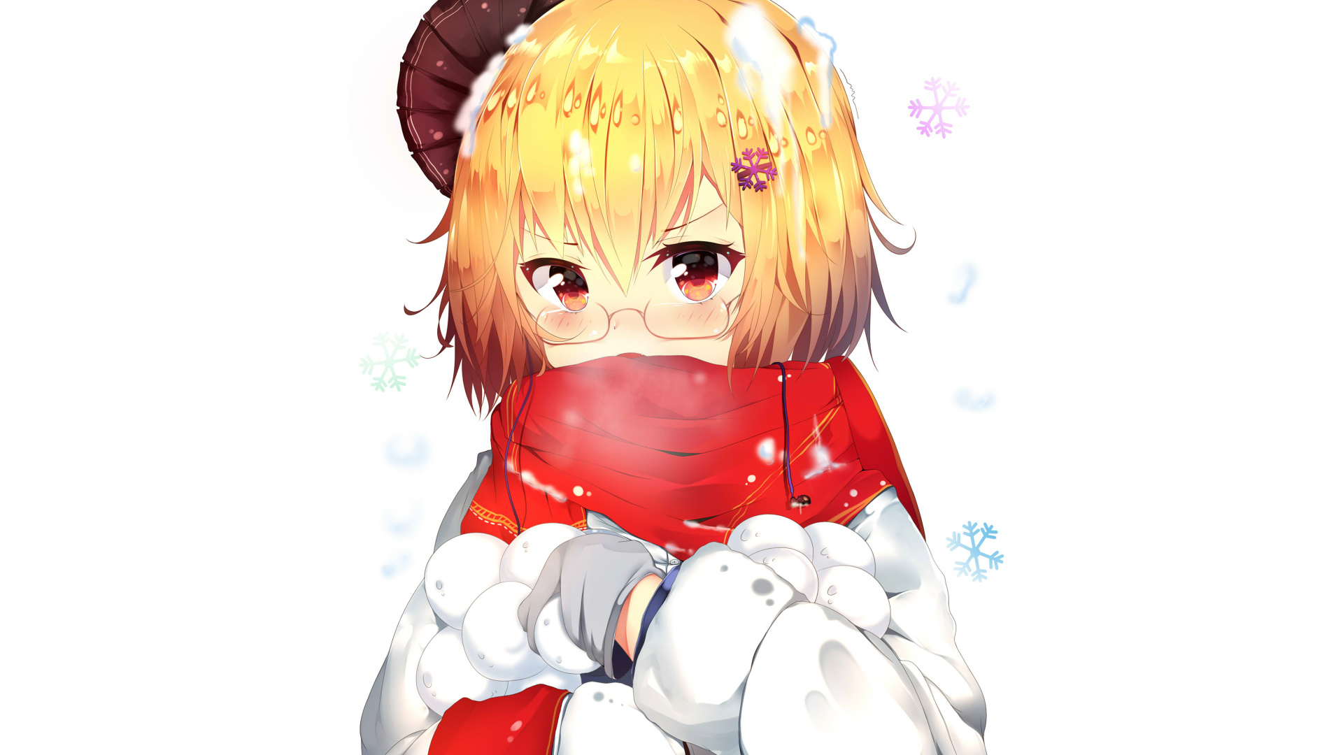 Девушка аниме со снежками в руках на белом фоне