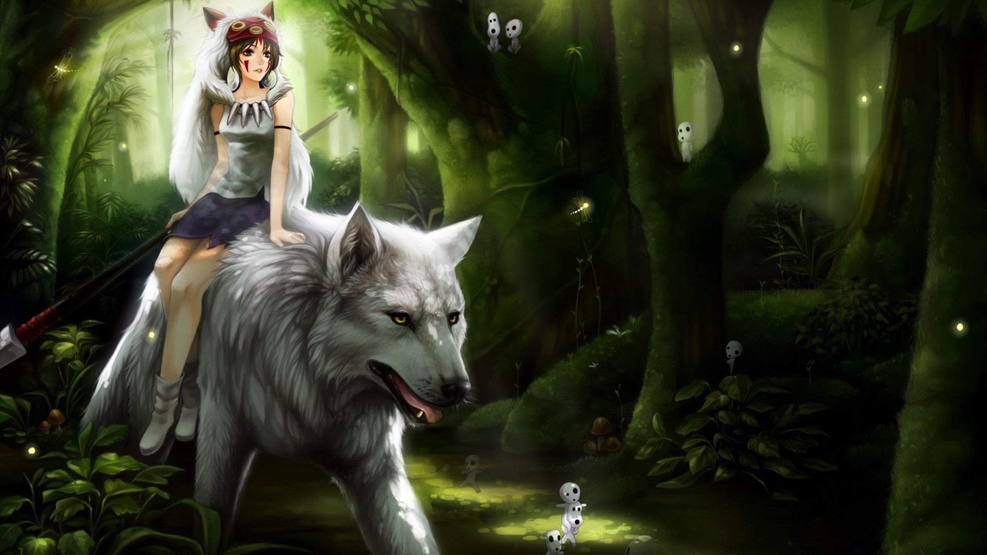 Девушка верхом на белом волке аниме Принцесса Мононоке 