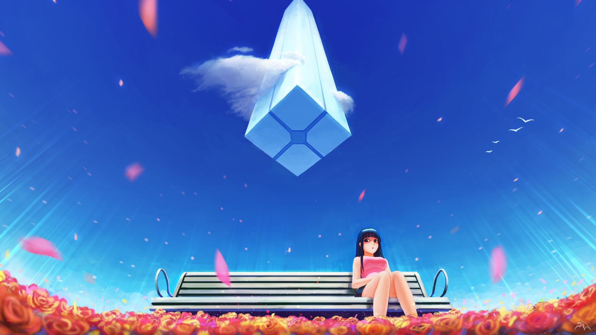 Девушка аниме на фоне голубого неба  