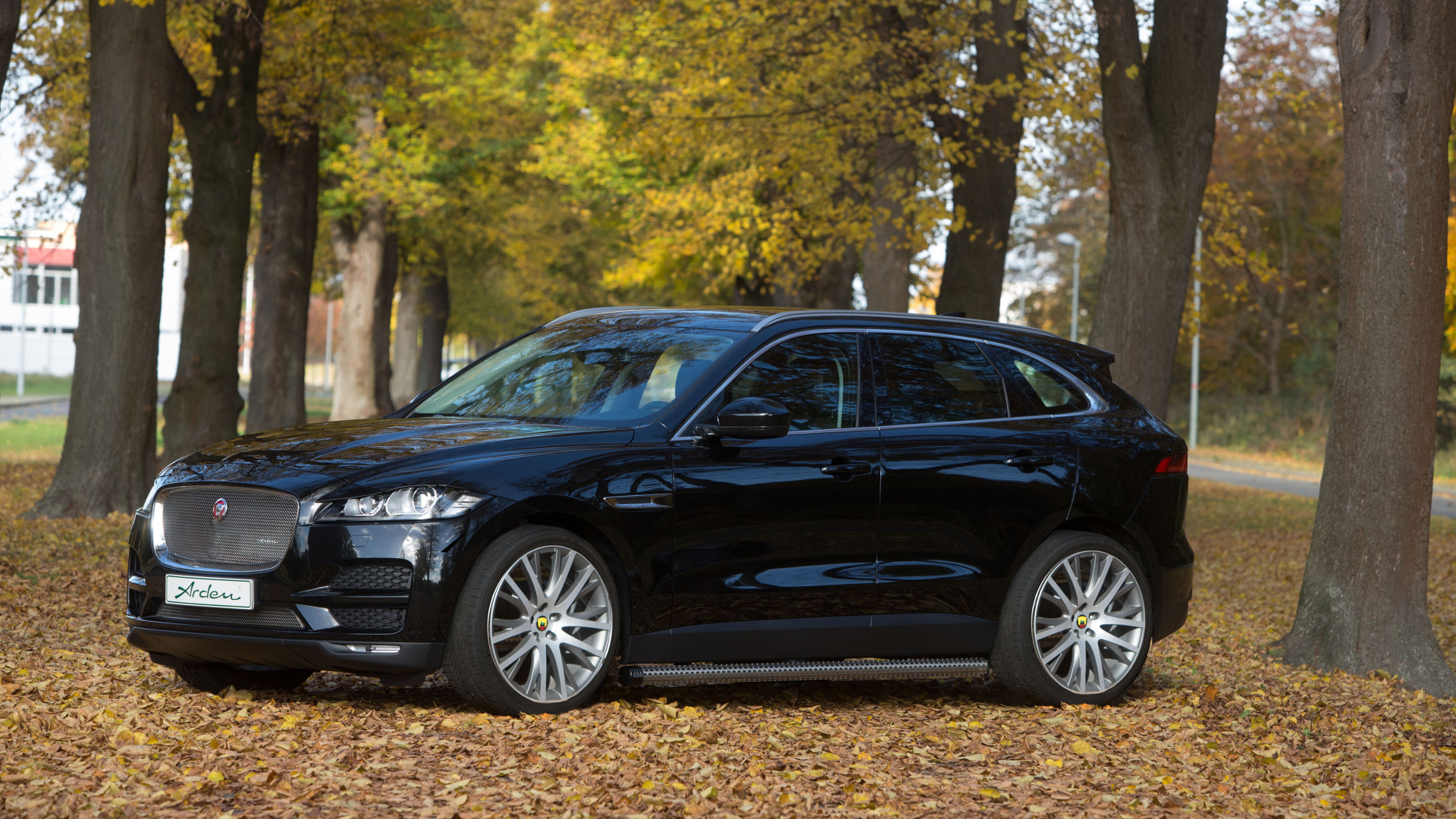 Черный автомобиль  Jaguar F-PACE стоит в парке