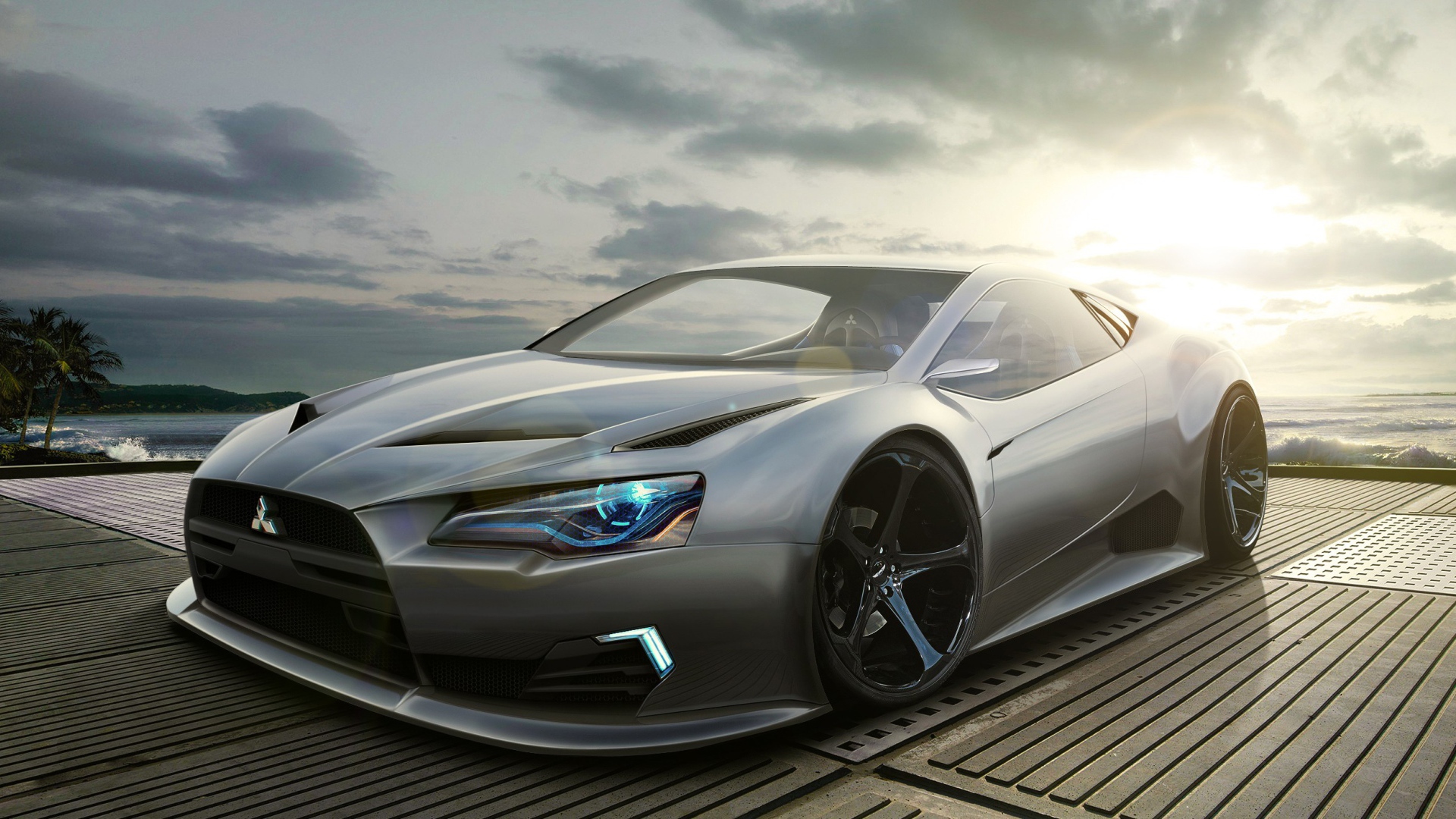 Серебристый автомобиль Mitsubishi в лучах солнца 