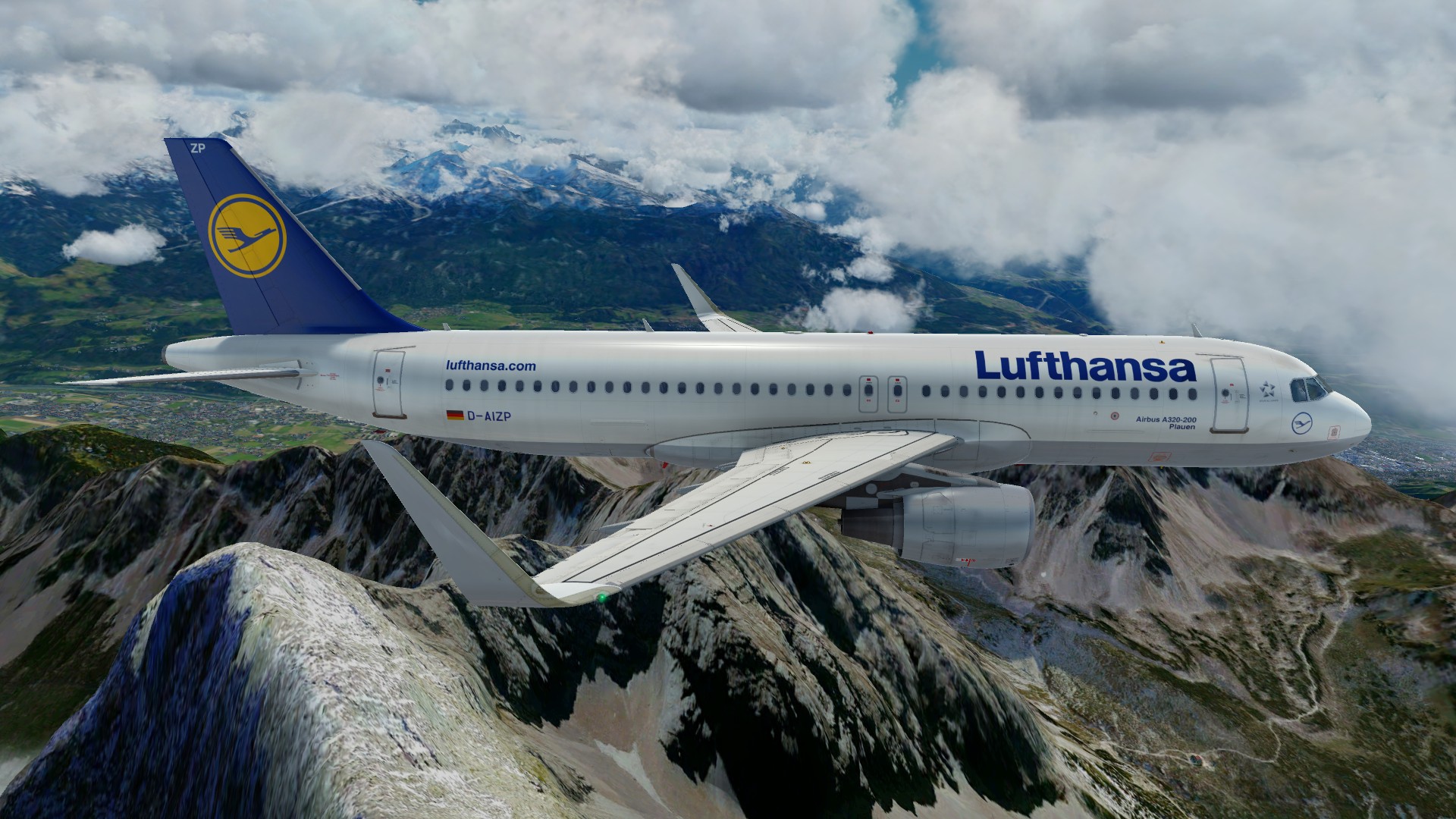 Airbus A320 Lufthansa Airlines flight over the mountains