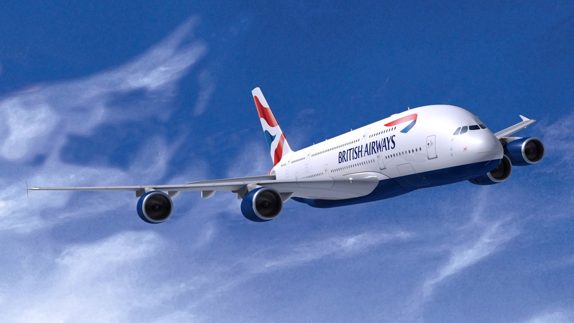 Airbus A380 авиакомпании British Airways на фоне голубого неба