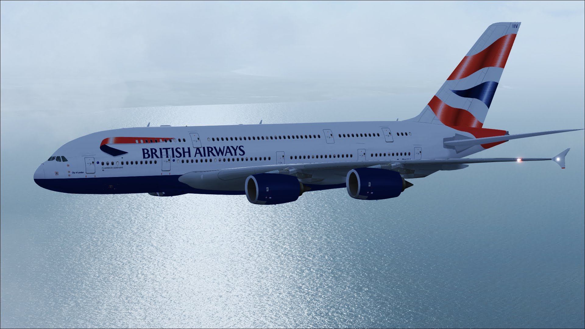 Самолет Airbus A380 British Airways летит над океаном 