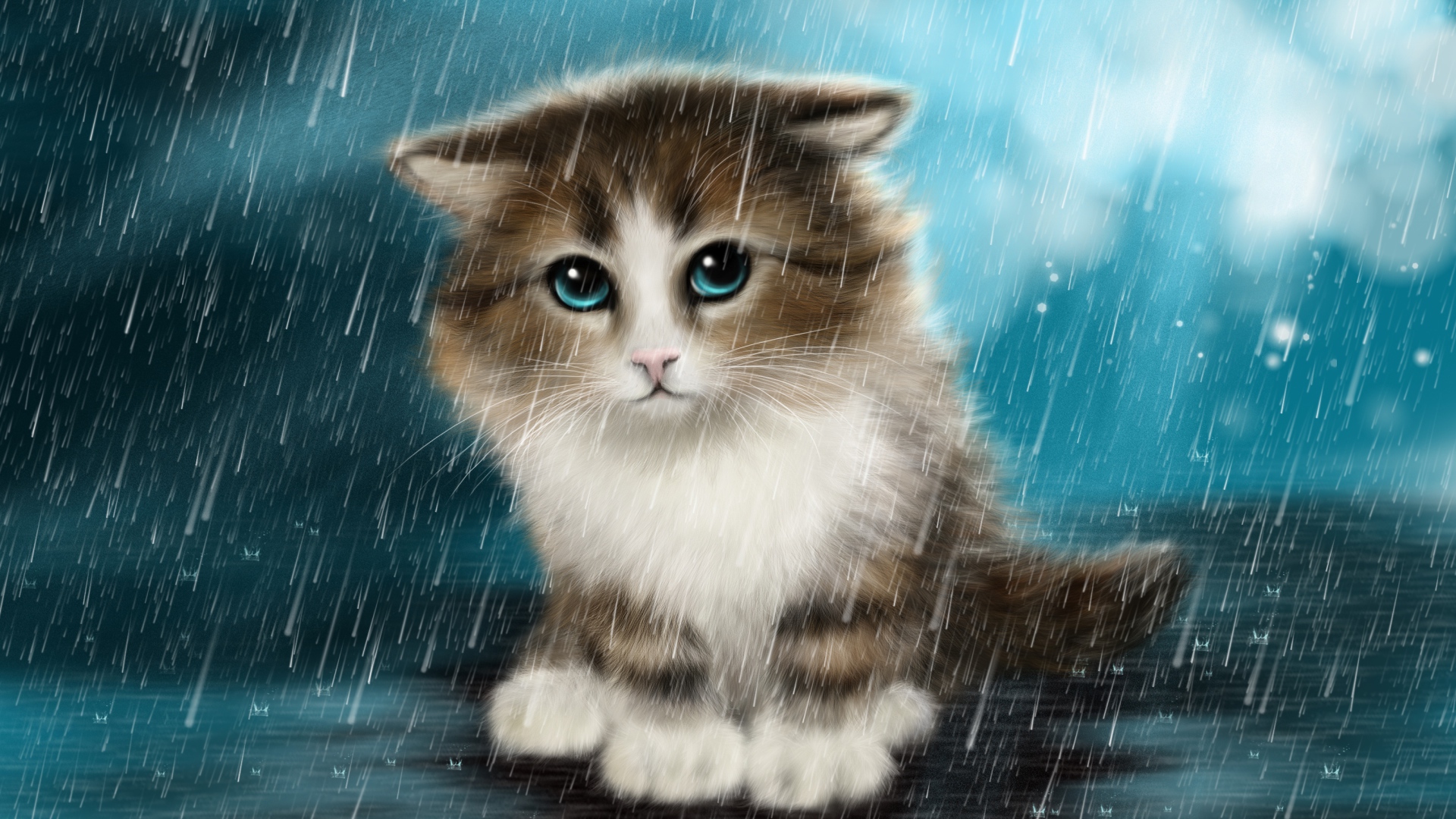 A small sad painted kitten in the rain