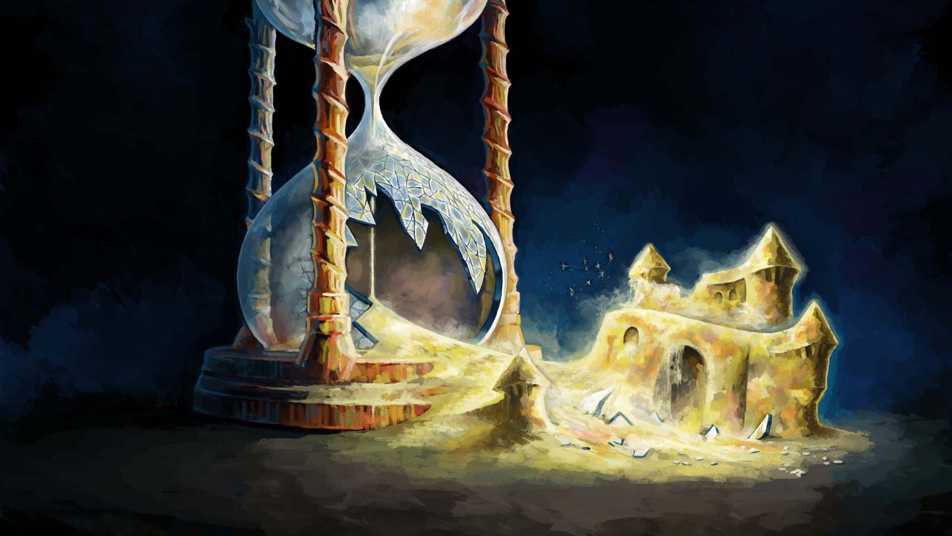 Разбитые песочные часы с замком из песка 