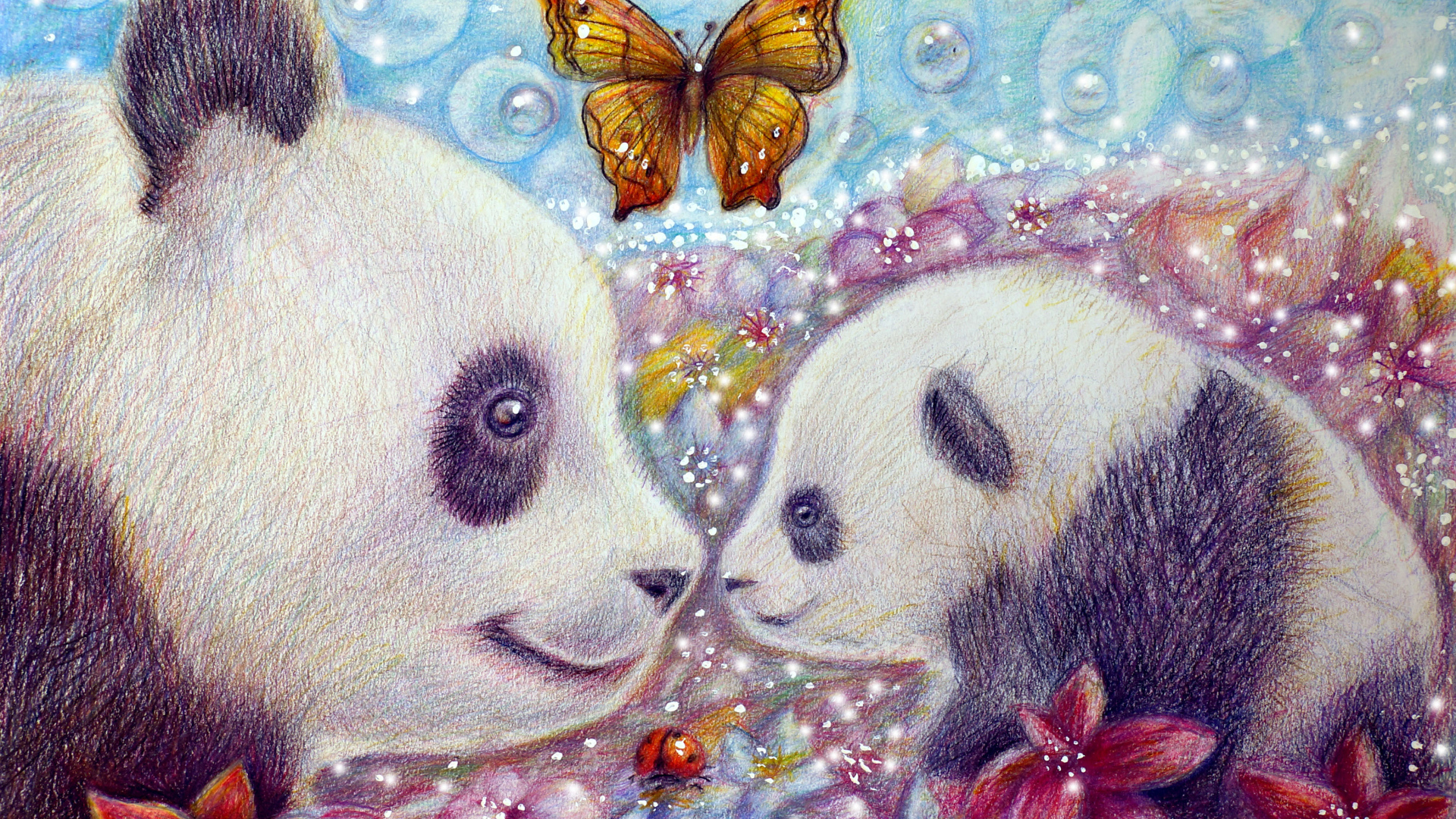 Большая медведица панда с маленьким медвежонком и бабочками