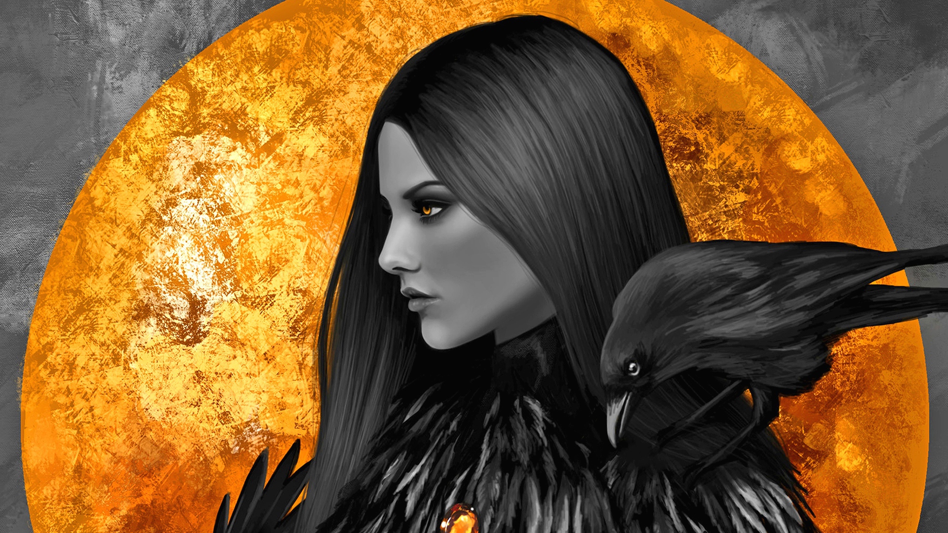 Девушка с желтыми глазами и вороном на плече на фоне большой луны 