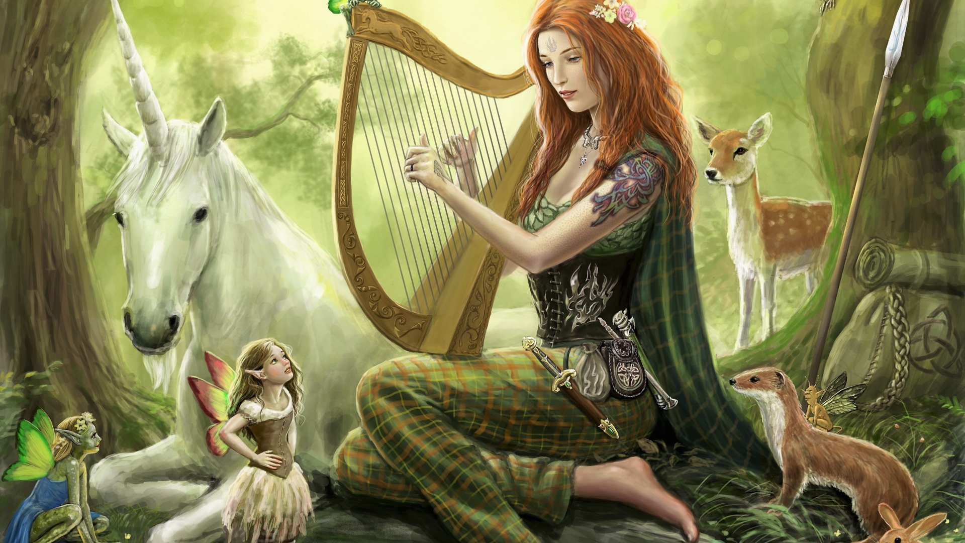 Красивая девушка играет на арфе в лесу с животными и элифами
