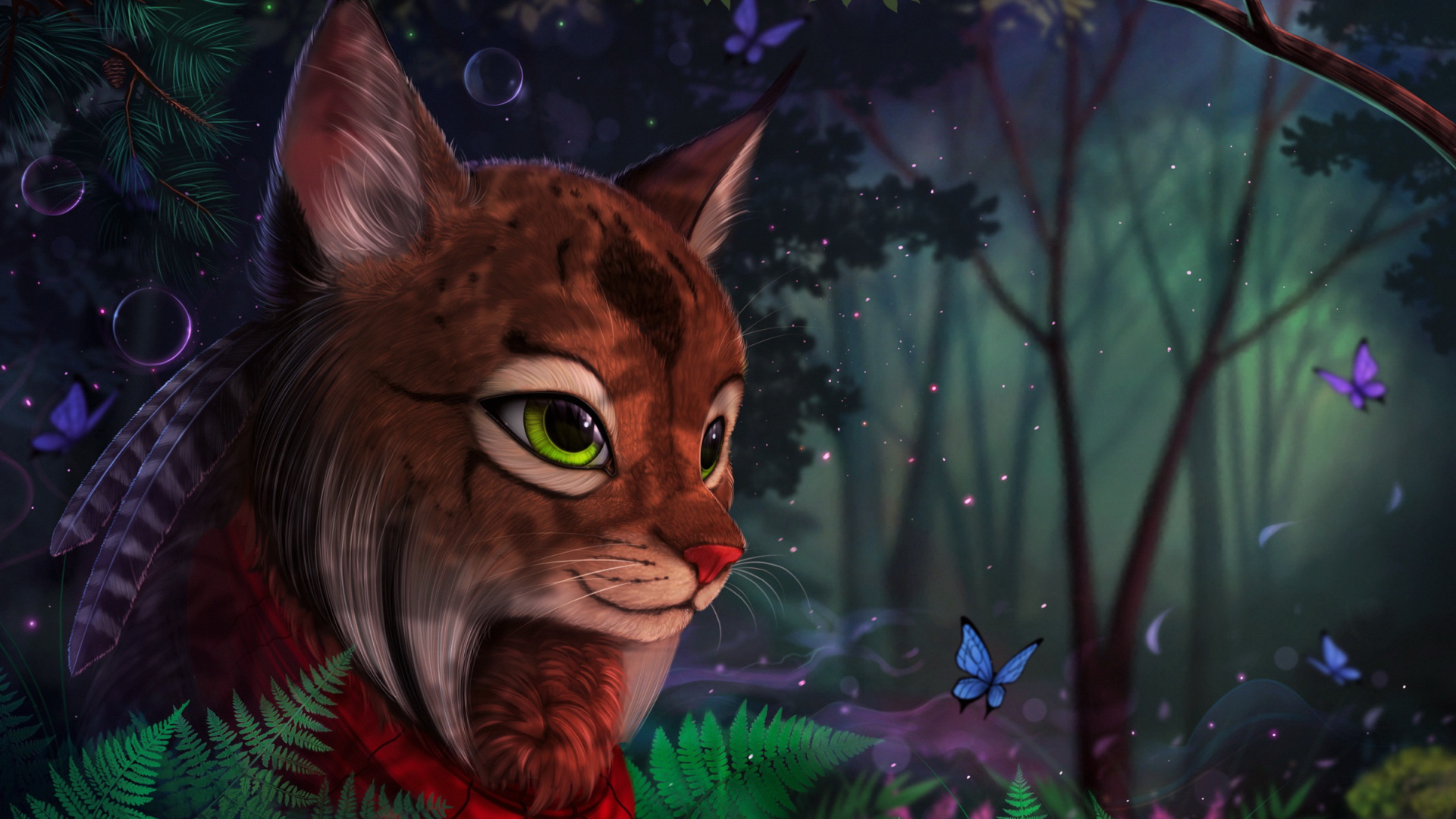 Фантастическая волшебная рысь в лесу с бабочками