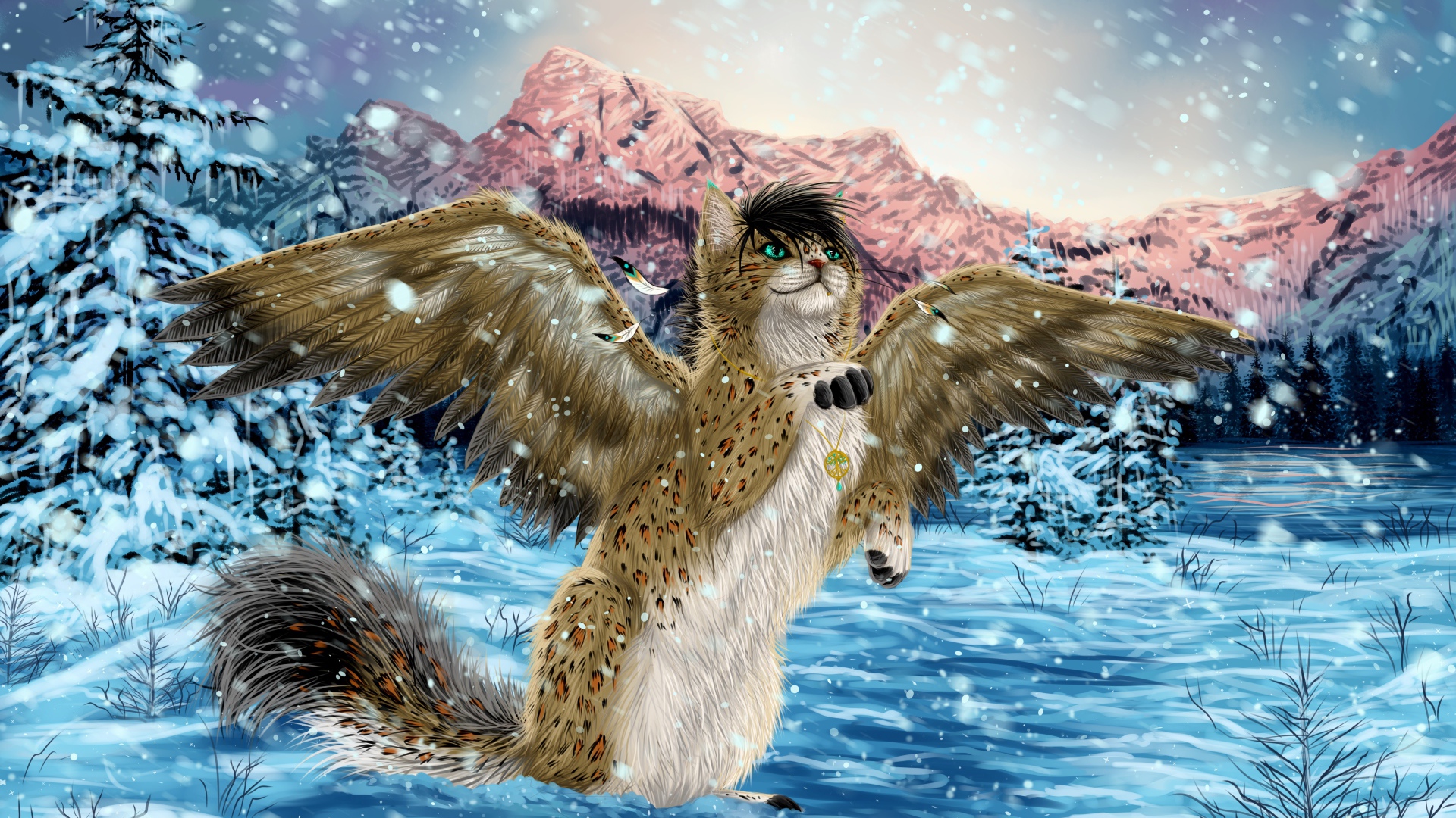 Волшебный кот с крыльями в зимнем лесу, фэнтези