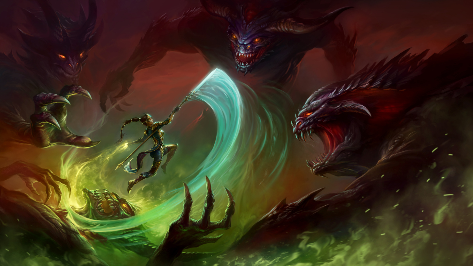 Женщина воин сражается с драконами фэнтези