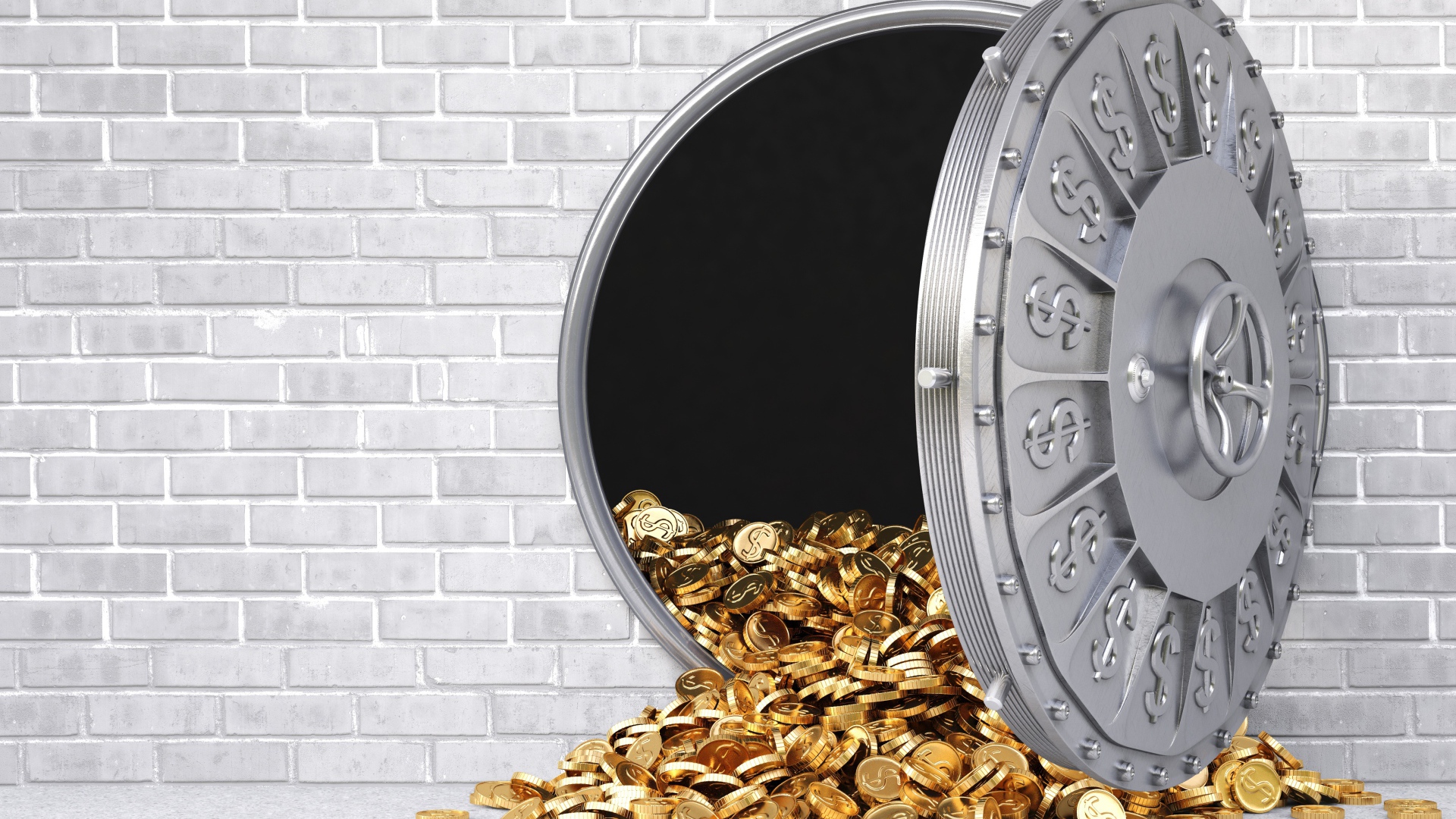 Золотые монеты выпадают из сейфа в серой стене