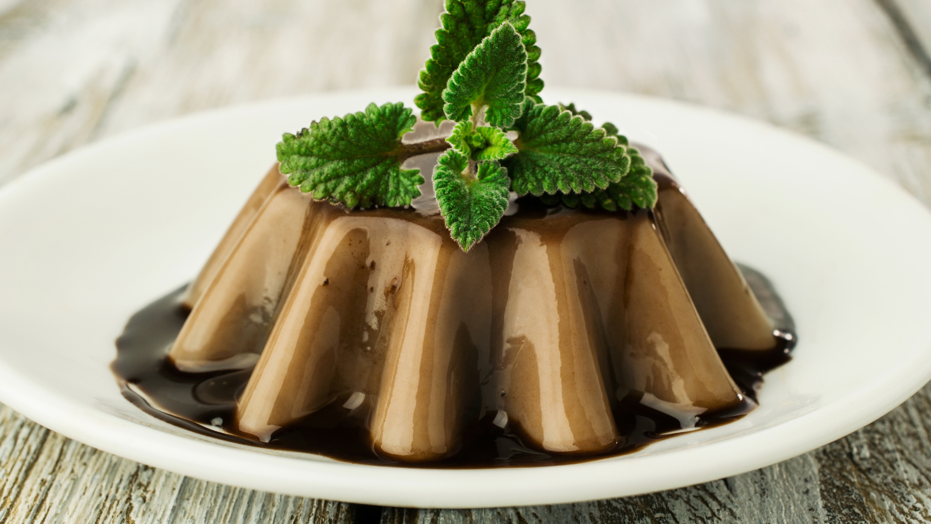 Десерт из желе на белой тарелке с шоколадом