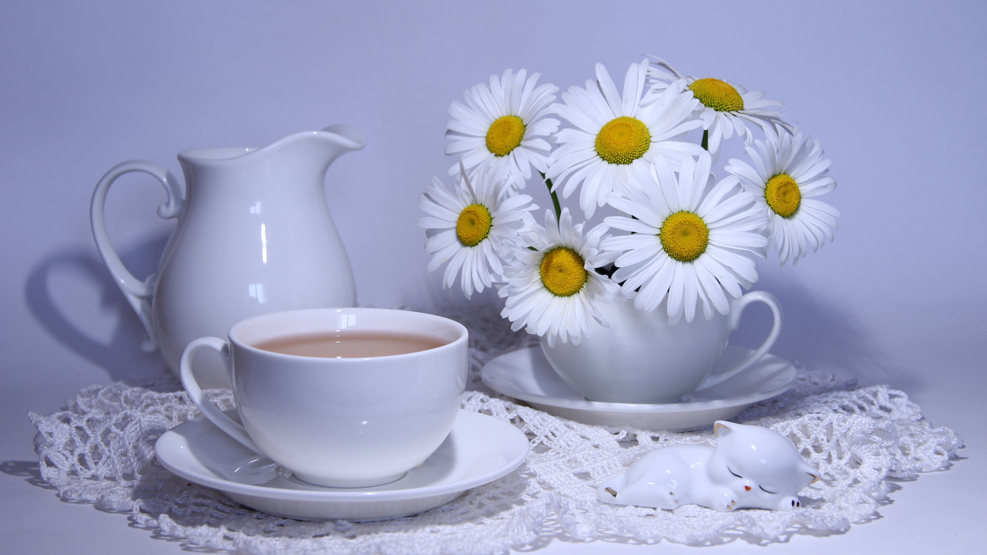 Белая чашка какао на столе с кувшином и белыми ромашками