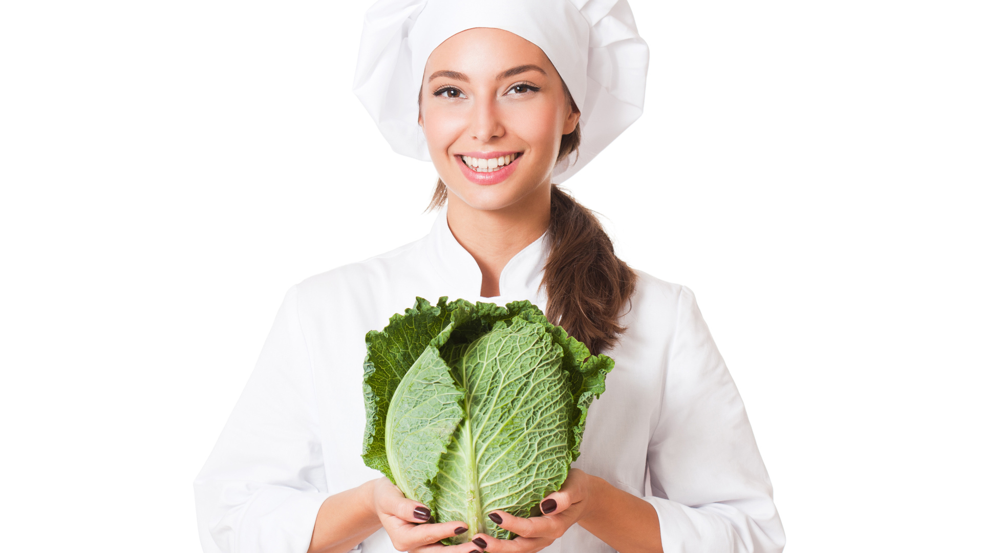 Красивая девушка повар с зеленой капустой в руках