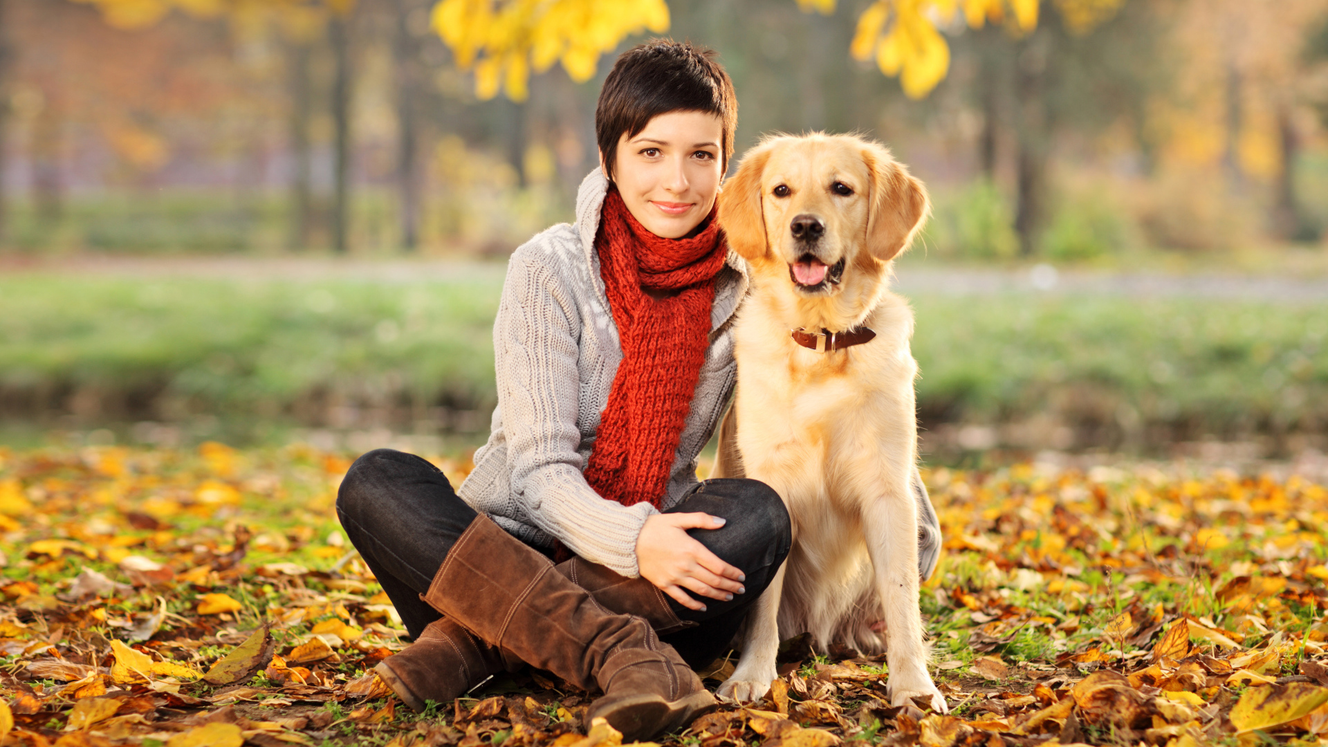 Красивая девушка с собакой породы золотистый ретривер 