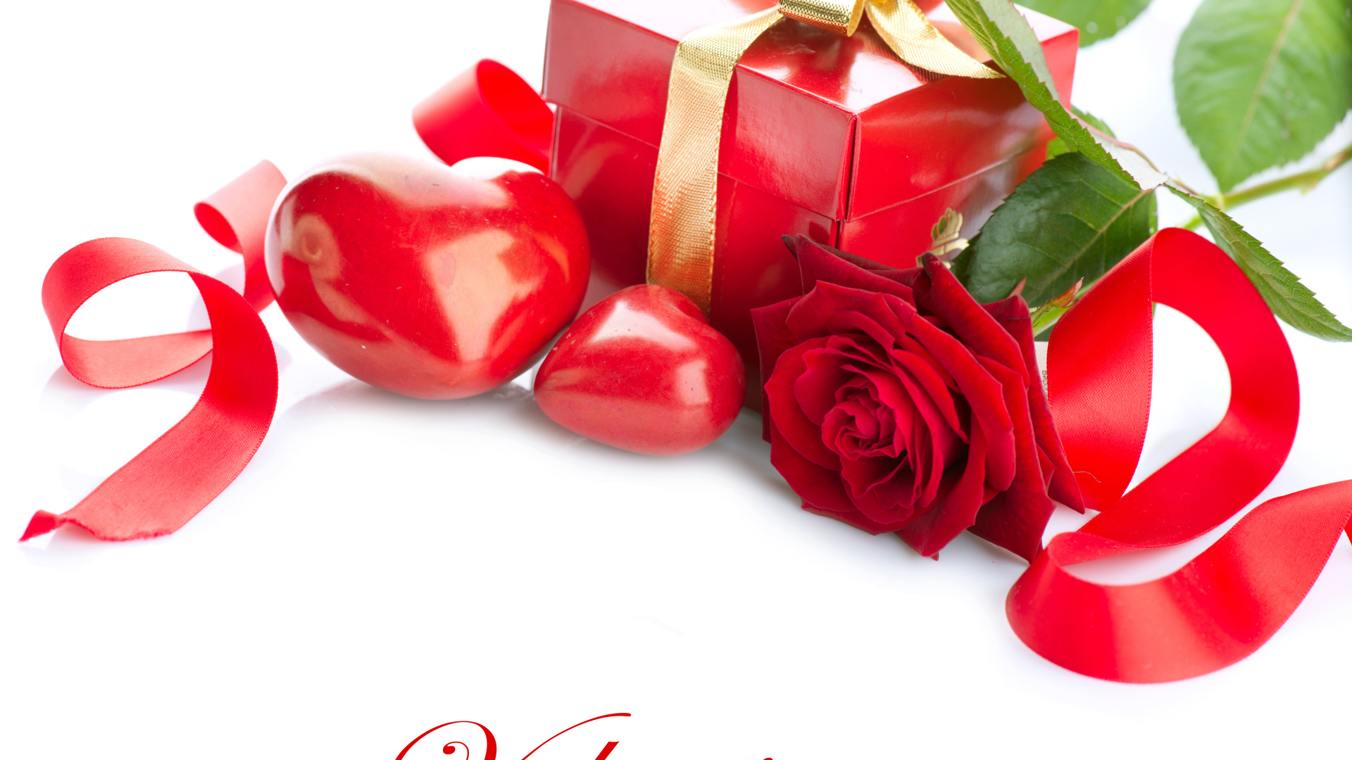 Красная роза с подарком и сердечками на белом фоне ко Дню всех влюбленных 14 февраля