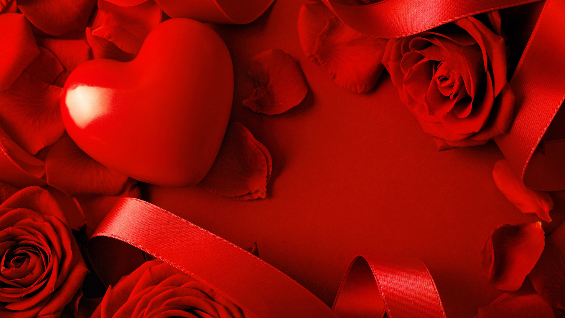 Красное сердце в лепестках красной розы  