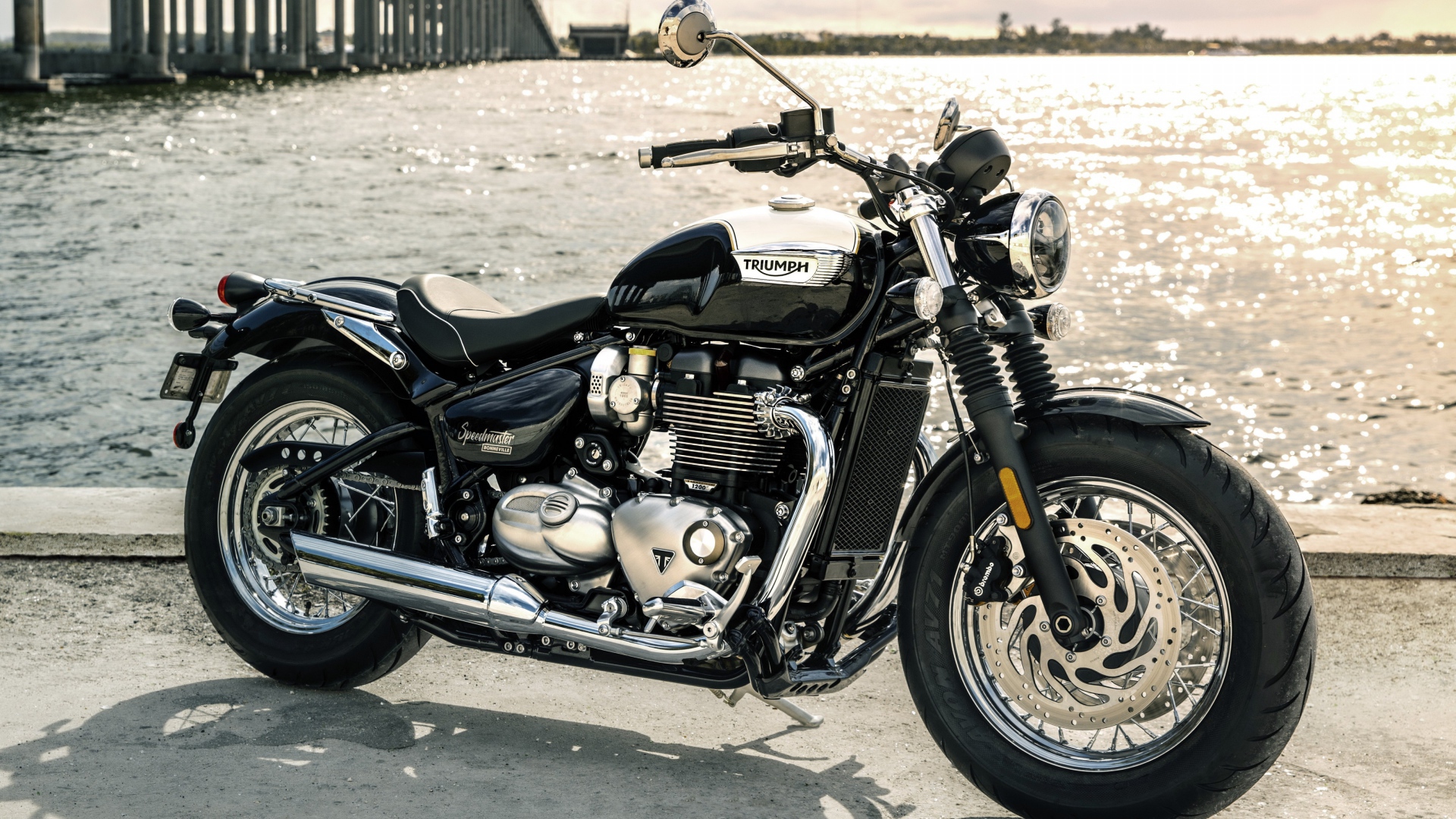 Стильный черный мотоцикл Triumph Bonneville Speedmaster, 2018 у воды