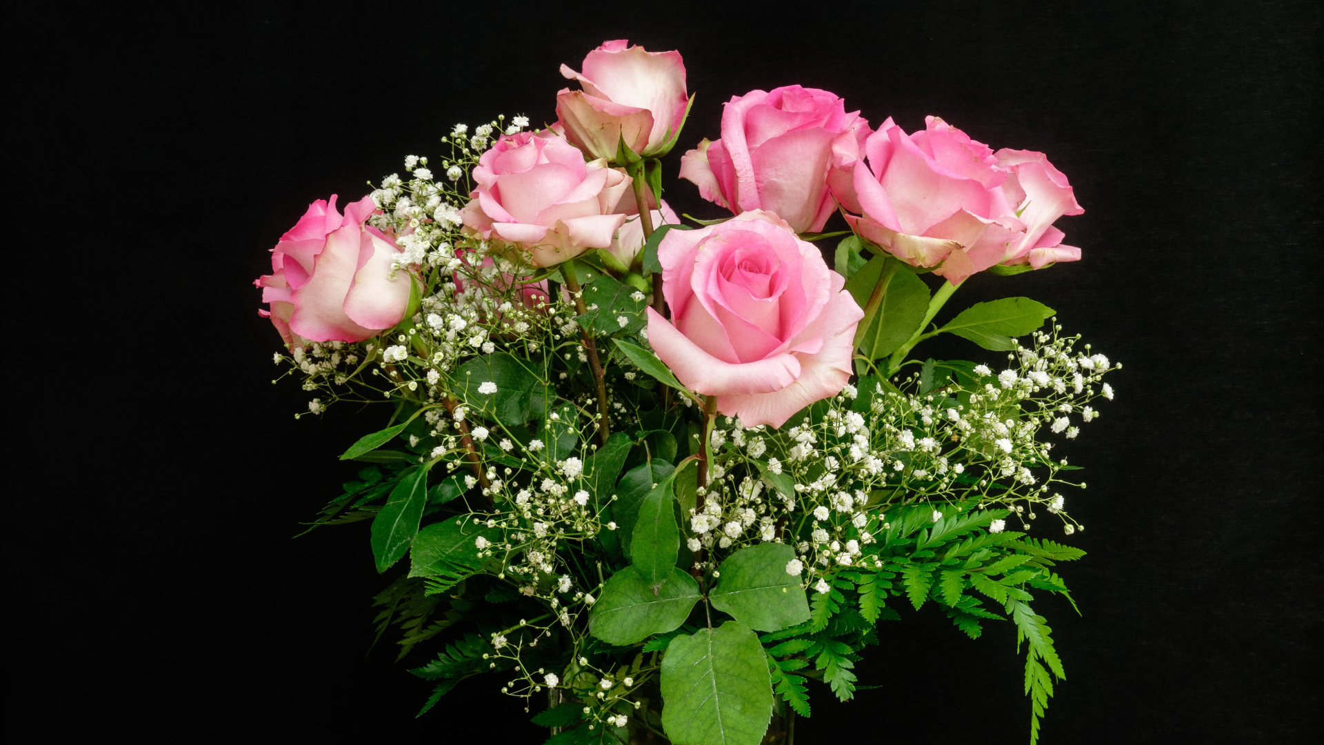 Красивый букет розовых роз с белыми цветами на черном фоне