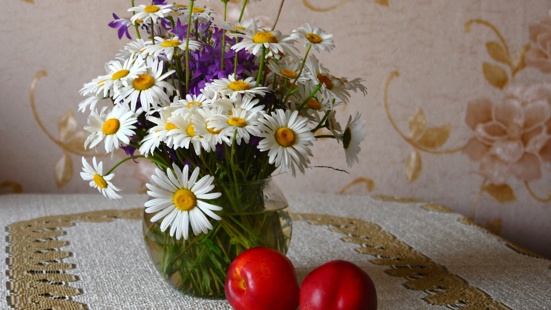 Букет белых полевых ромашек в вазе на столе с розовыми персиками
