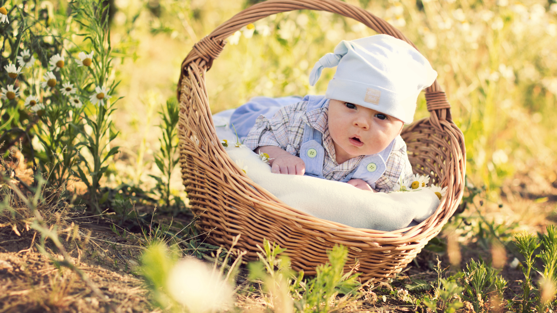 Маленький милый младенец лежит в корзине