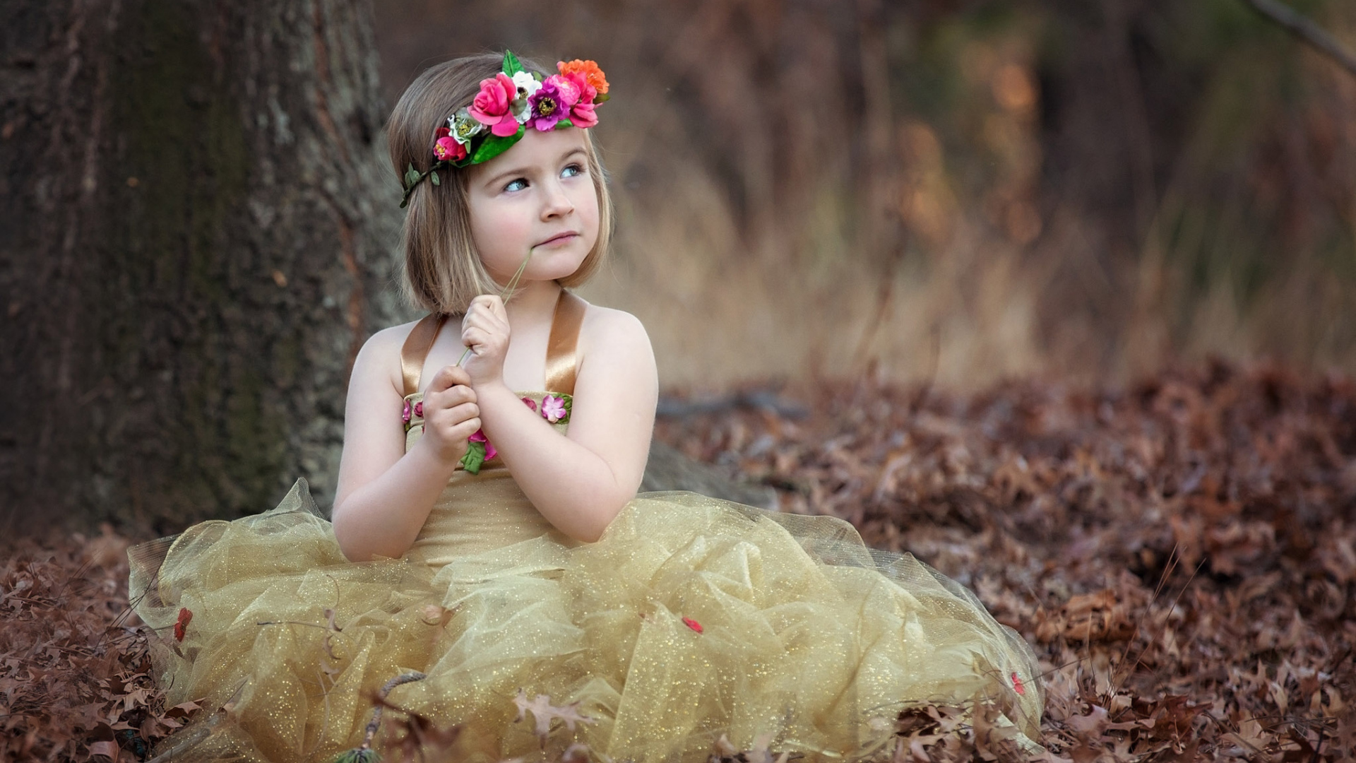 Маленькая девочка в красивом платье сидит на сухой листве