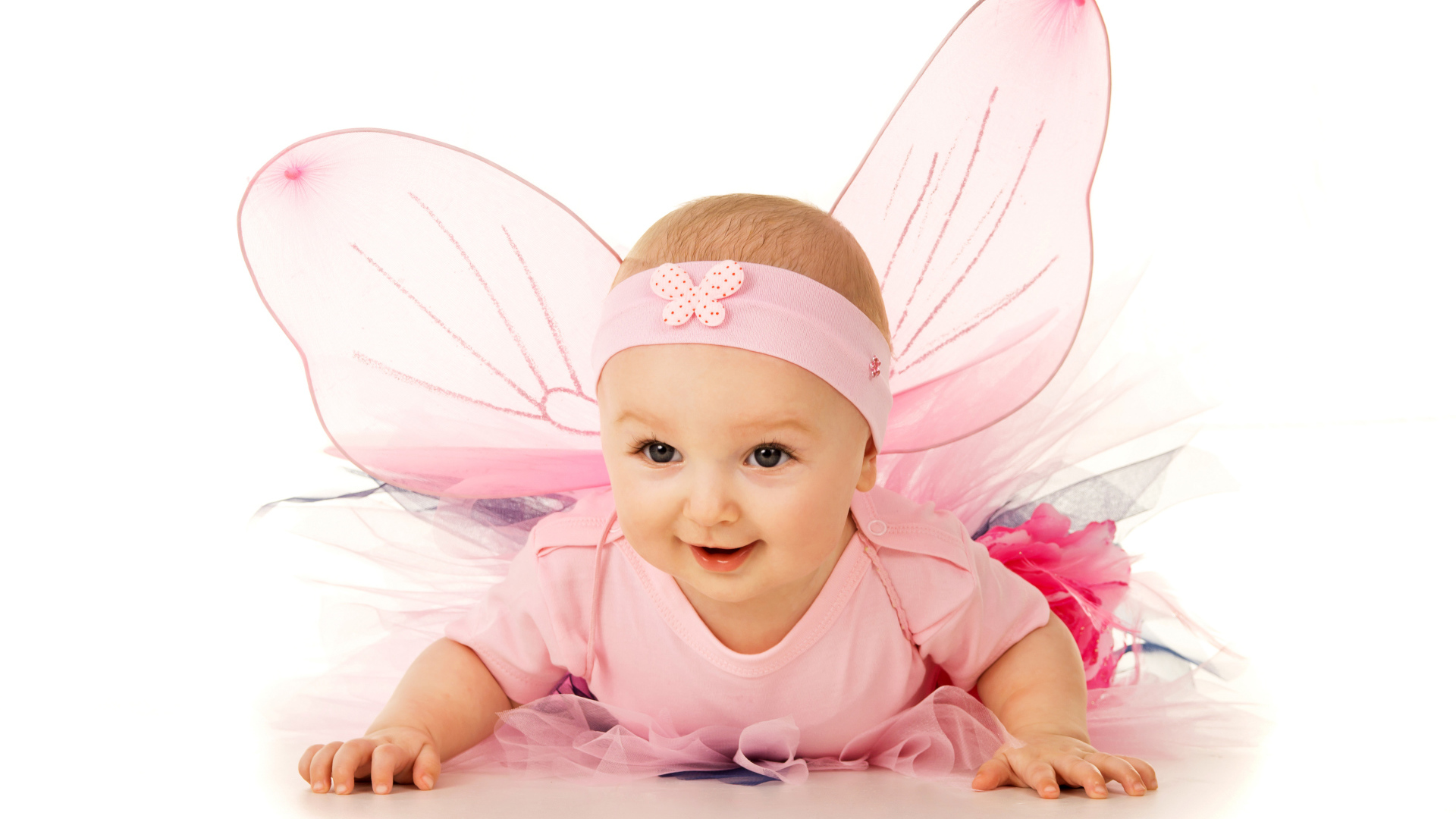 Маленькая девочка с крыльями феи на белом фоне