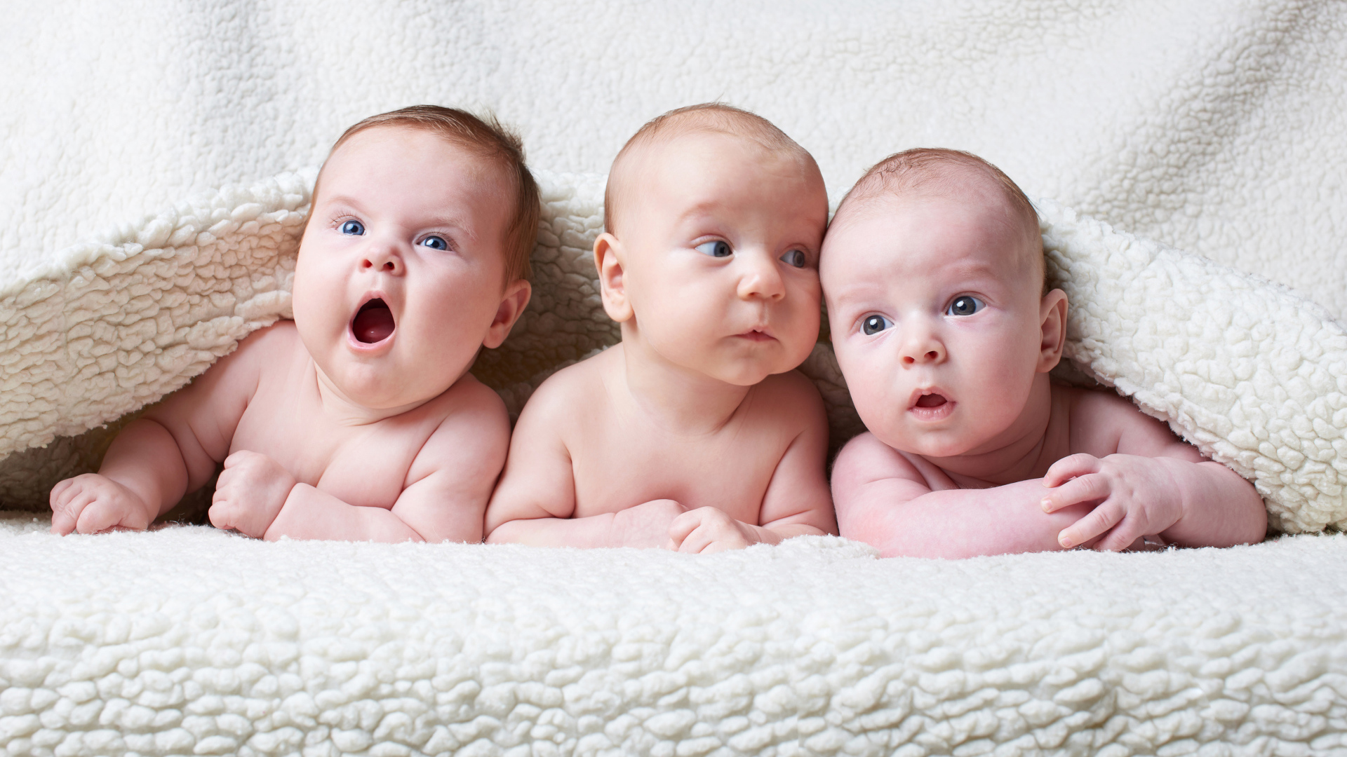 Три младенца под белым теплым одеялом