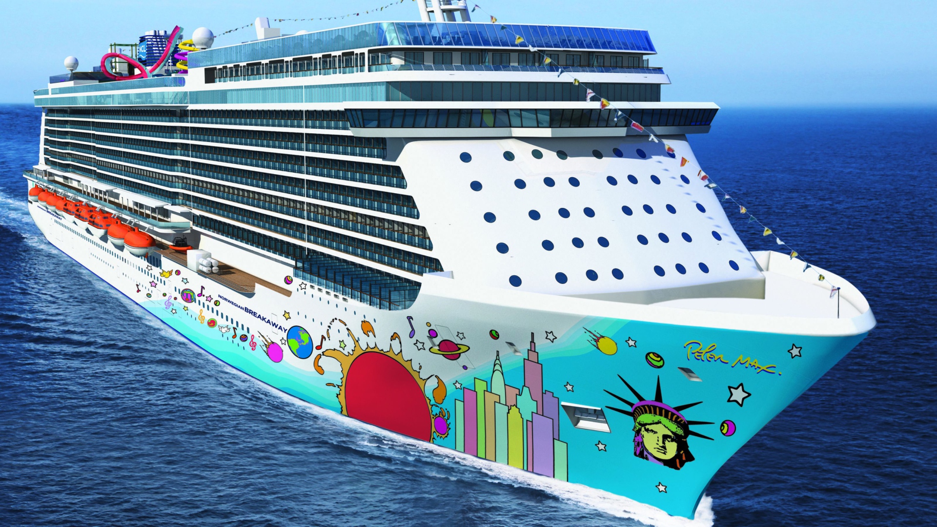 Большое круизное судно Norwegian Breakaway  в воде