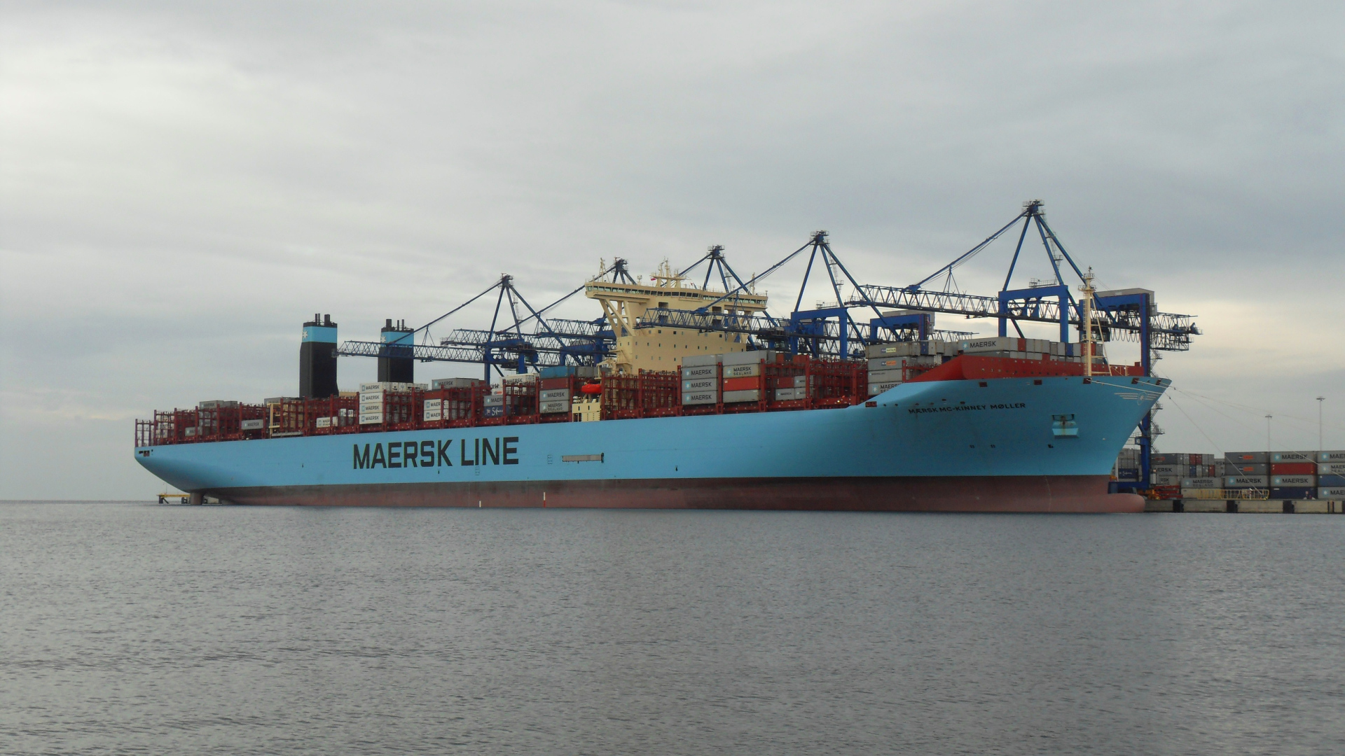 Large cargo ship Maersk Mc-Kinney Moller with containers