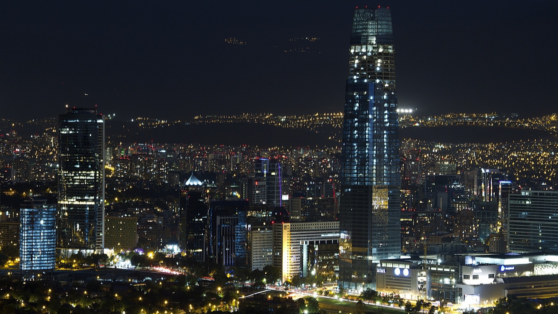 The lights of skyscrapers at night, the city of Santiago of Chile