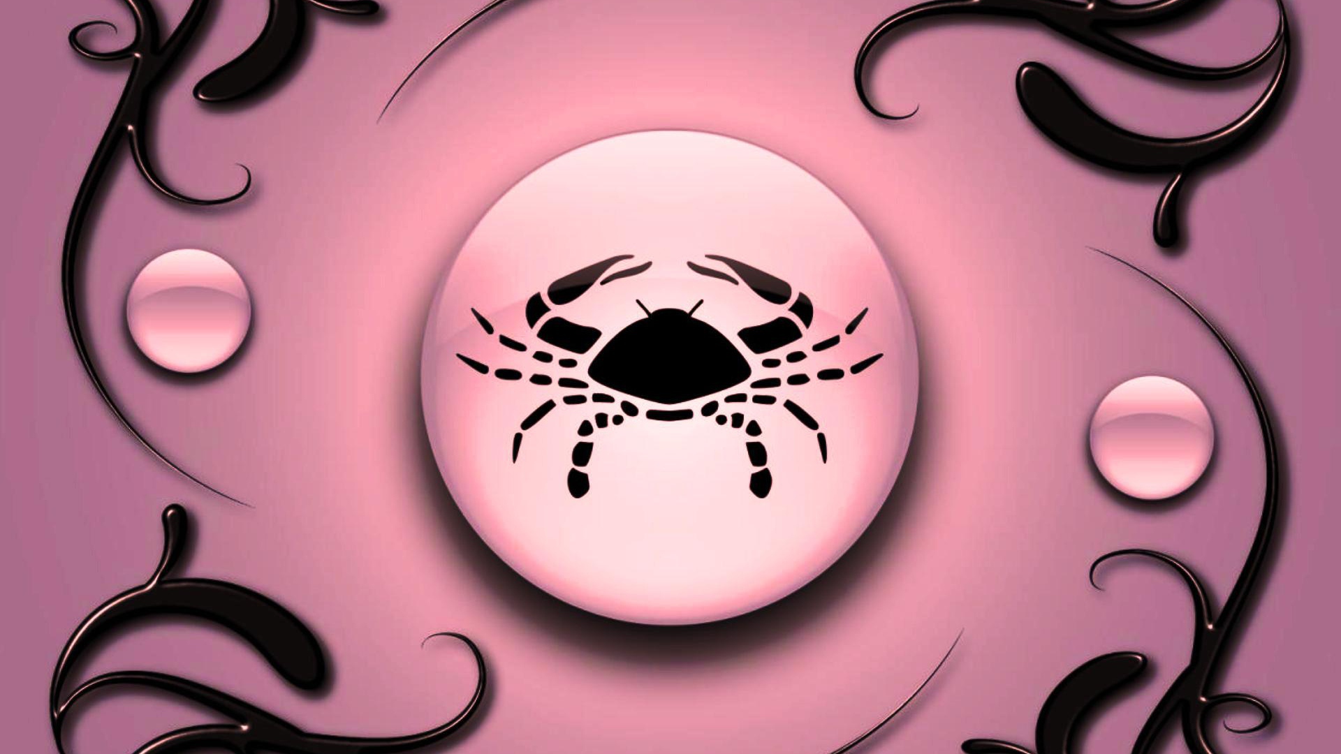 Знак зодиака Рак на  розовом фоне с чёрным орнаментом 