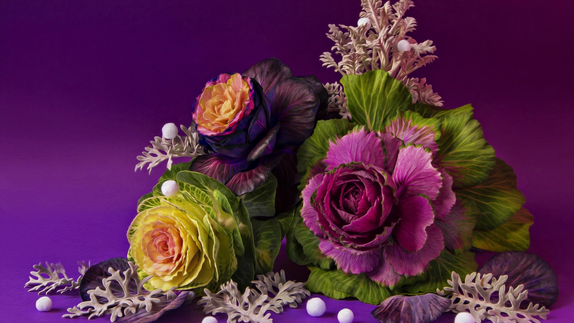 Цветы декоративной капусты на фиолетовом фоне, фрактальный рисунок